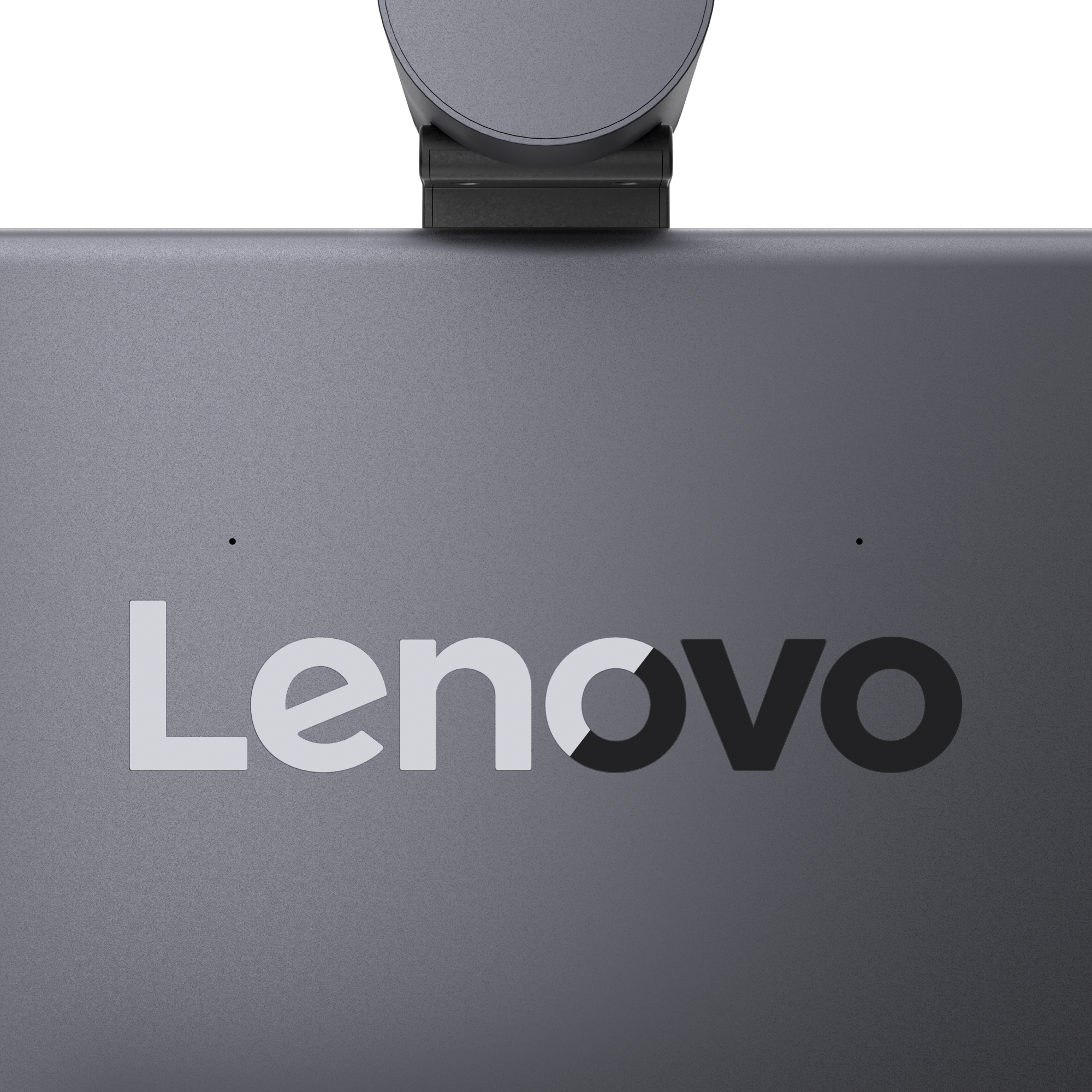 Gri arka plan üzerinde Lenovo logosu, üstte web kamerası.