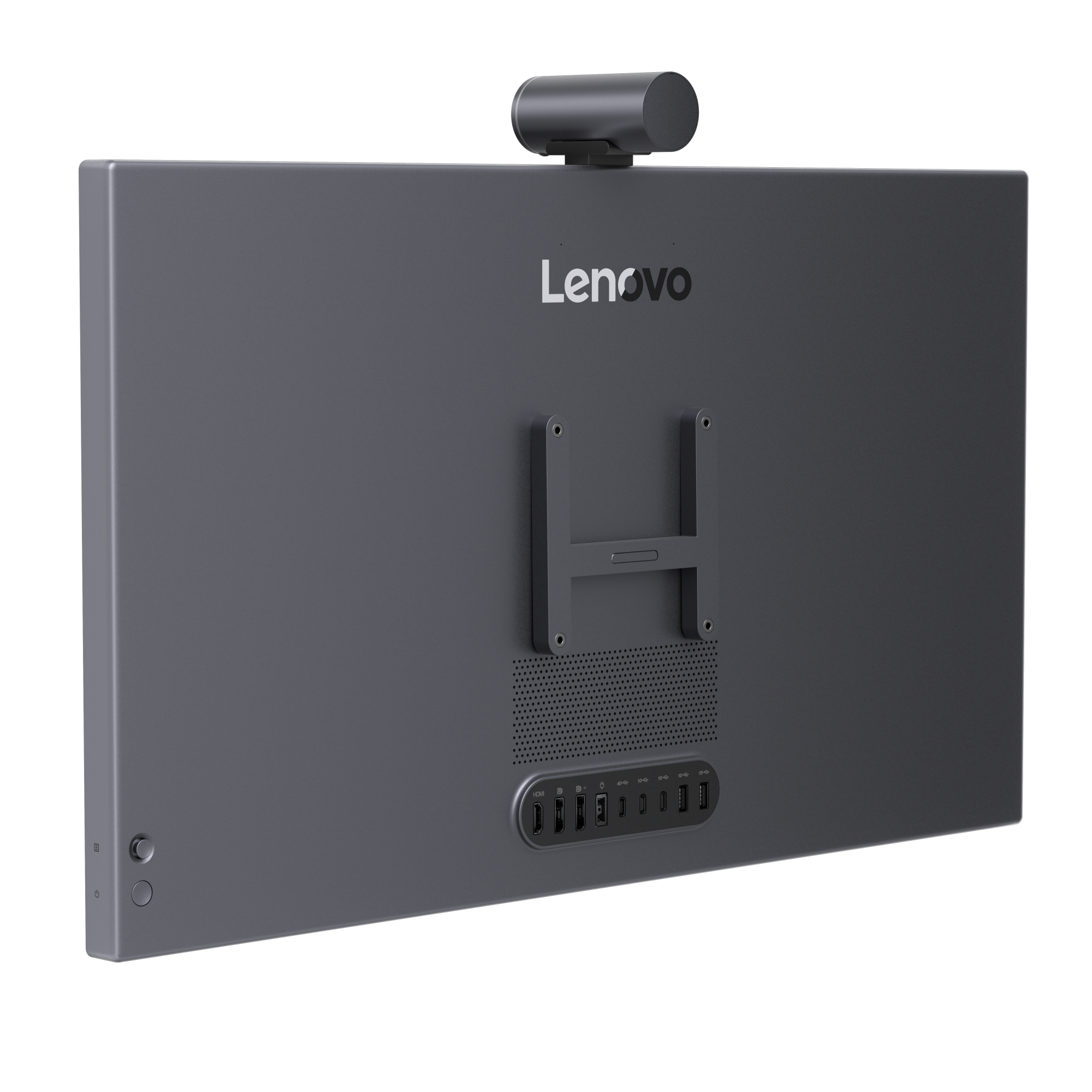 Kamera ve bağlantı noktalarına sahip gri Lenovo hepsi bir arada bilgisayarın arkası.