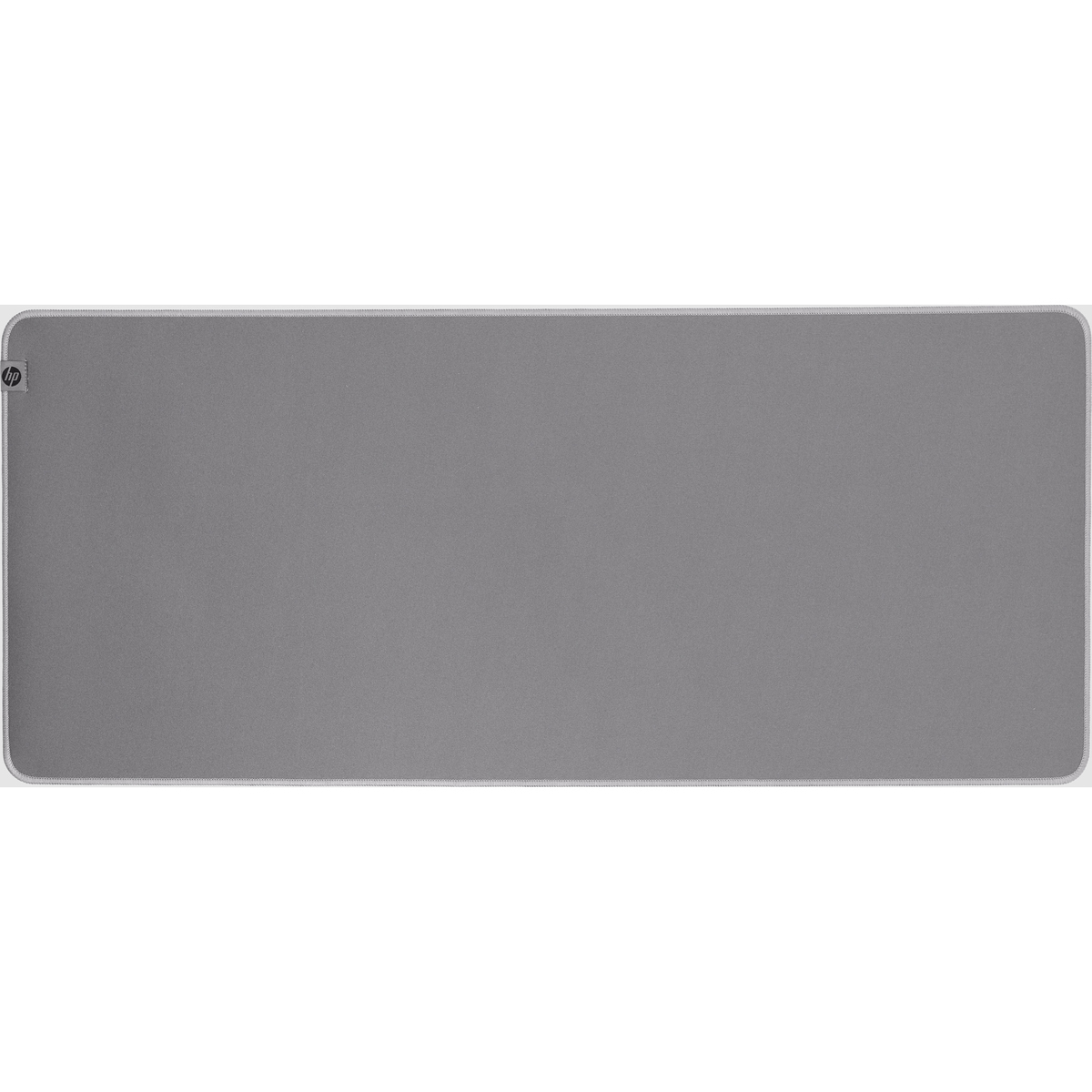 Un tapete de ratón HP gris con borde blanco y costuras.