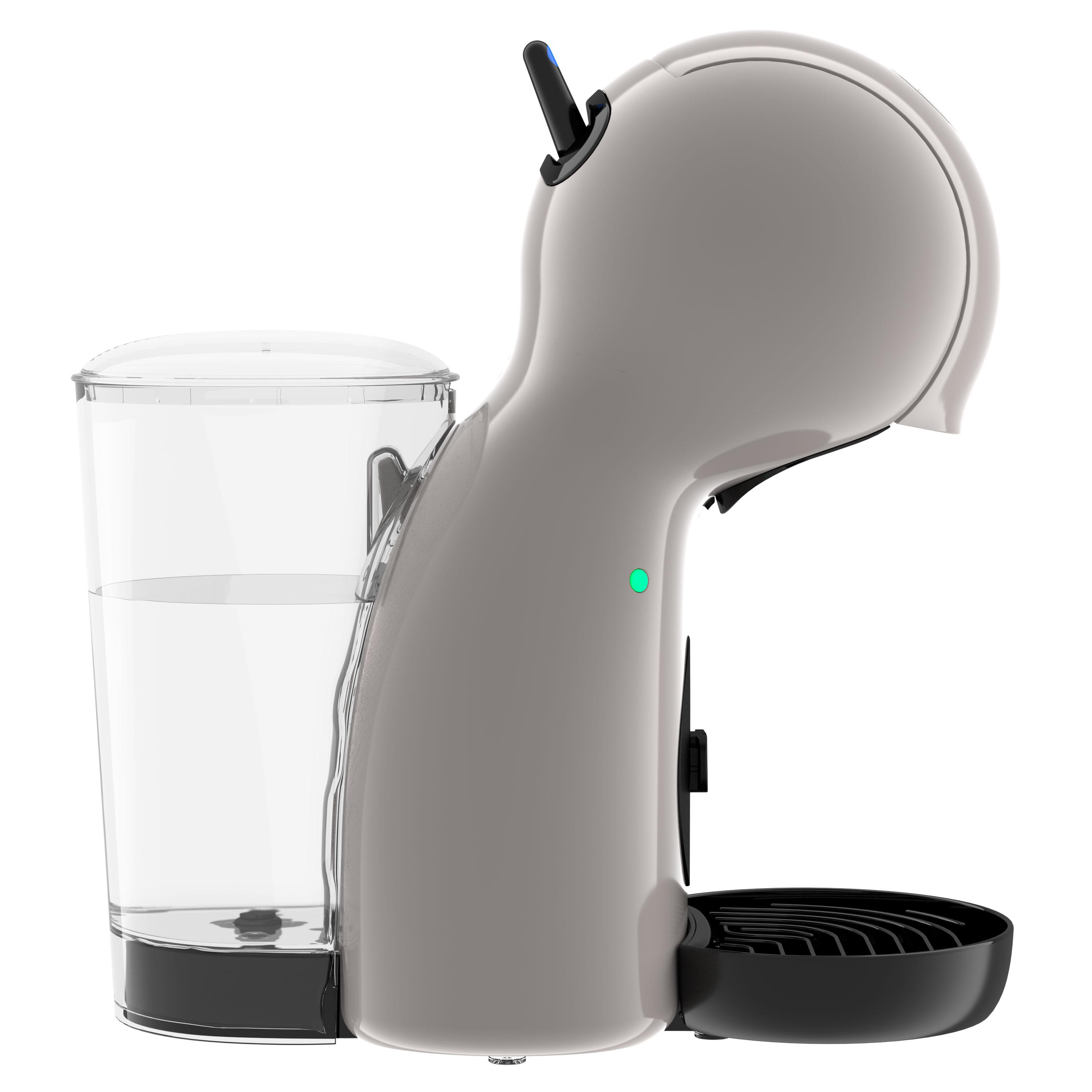 Graue Kaffeemaschine mit Wasserbehälter und grünem Licht.