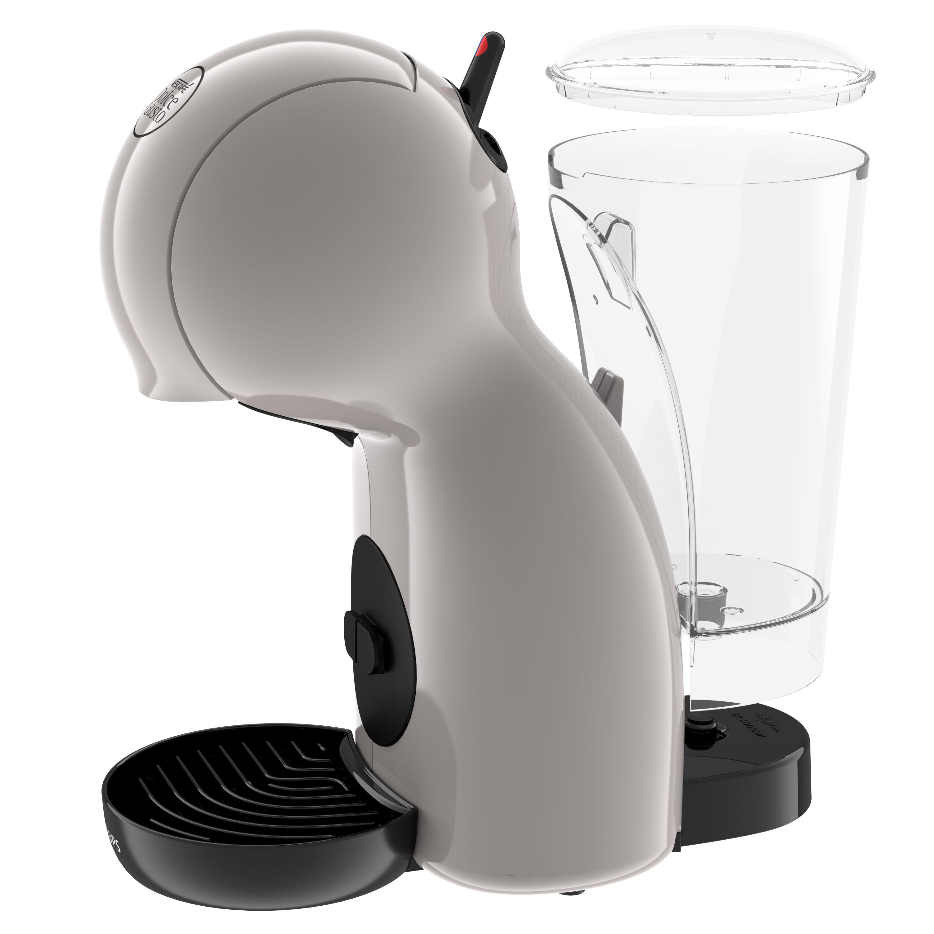Graue Kaffeemaschine mit Wassertank und Tropfschale.