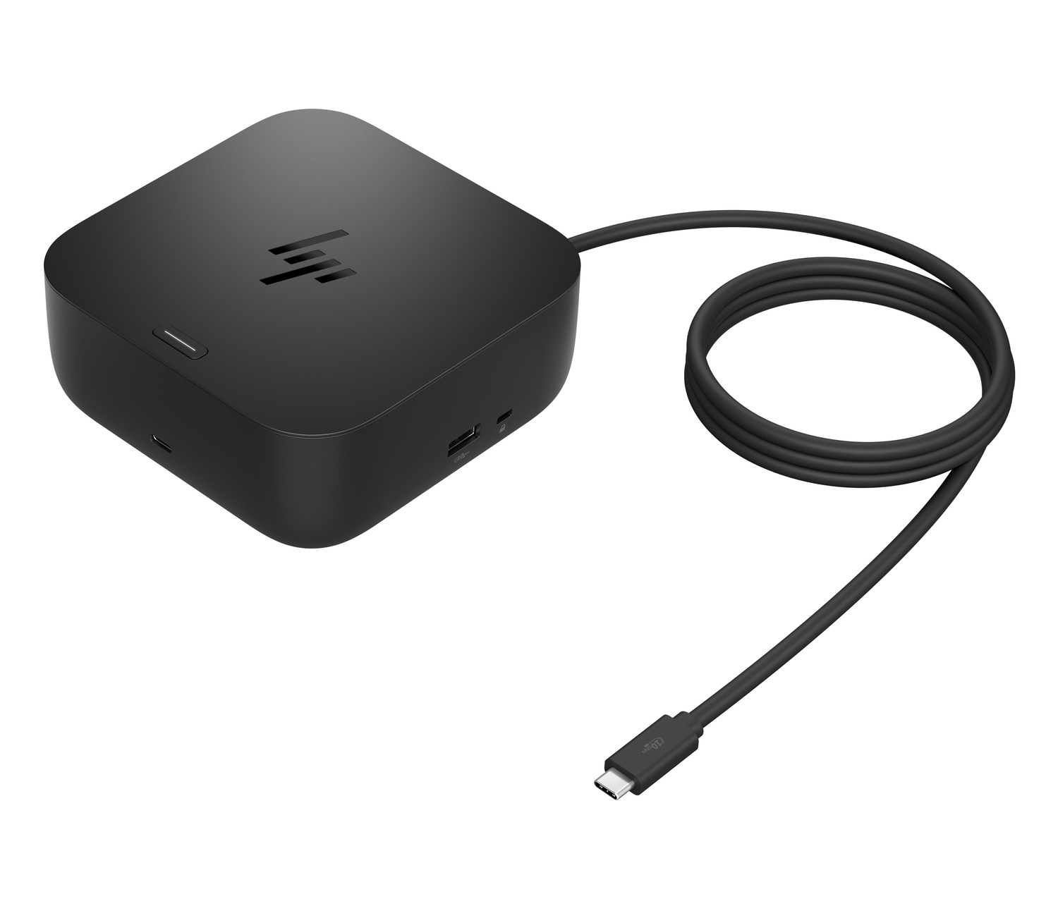 Un concentrador de acoplamiento HP negro con cable USB-C sobre fondo blanco.
