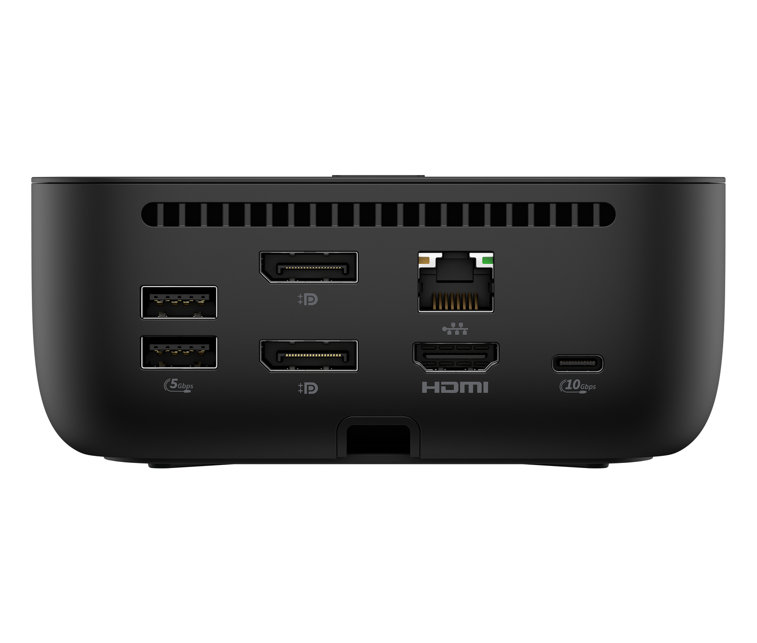 Carcasa de mini PC negra con puertos: 2x USB 3.0, 2x DisplayPort, 1x Ethernet, 1x HDMI, 1x USB-C.