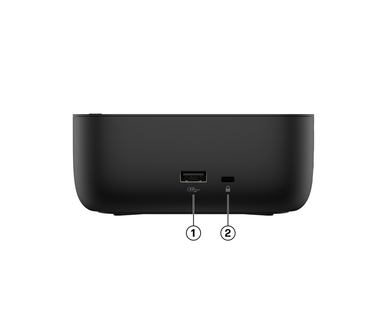 Dispositivo negro con puerto USB (1) y símbolo de candado (2).