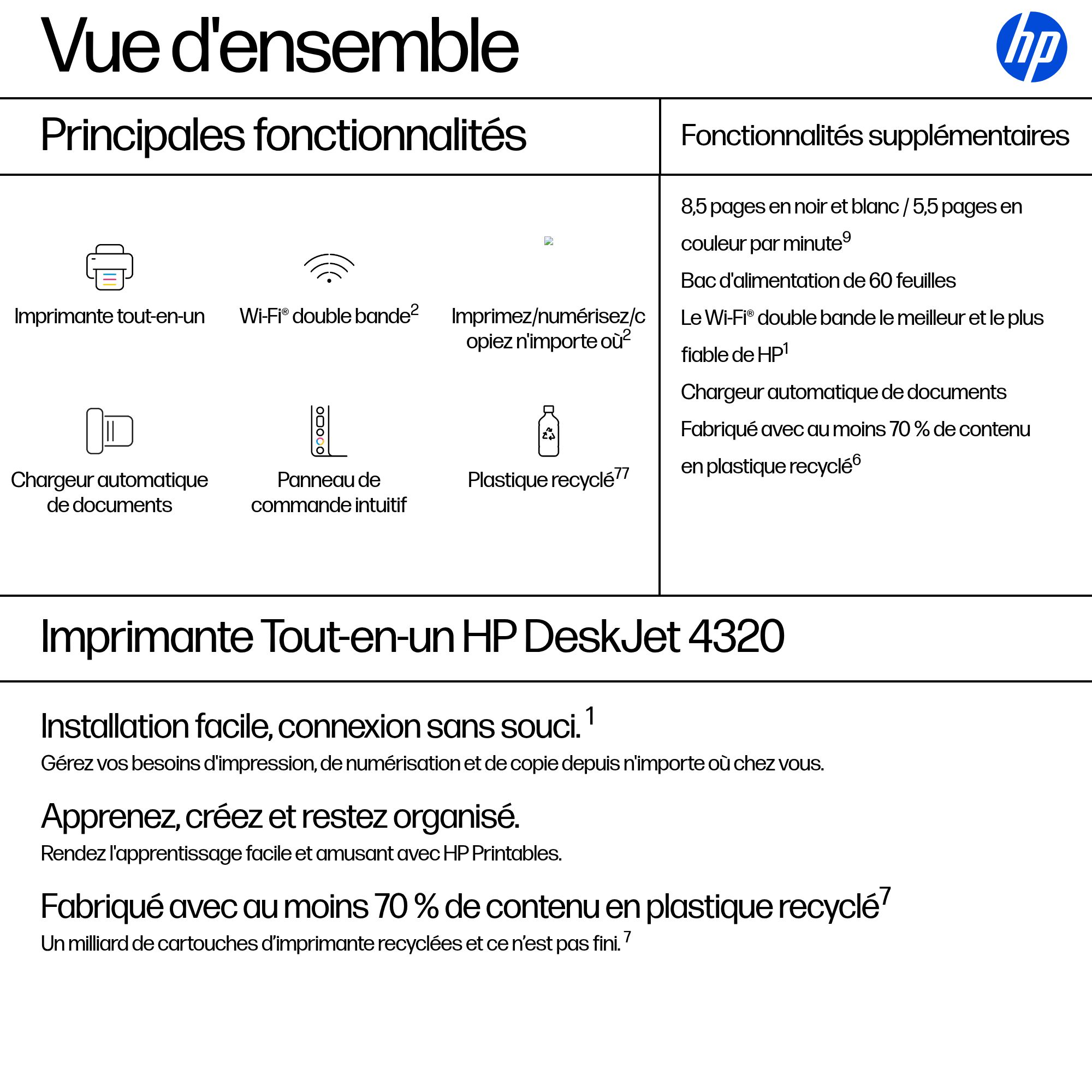 Vue d'ensemble: Imprimante HP DeskJet 4320 tout-en-un avec Wi-Fi, chargeur, panneau intuitif.