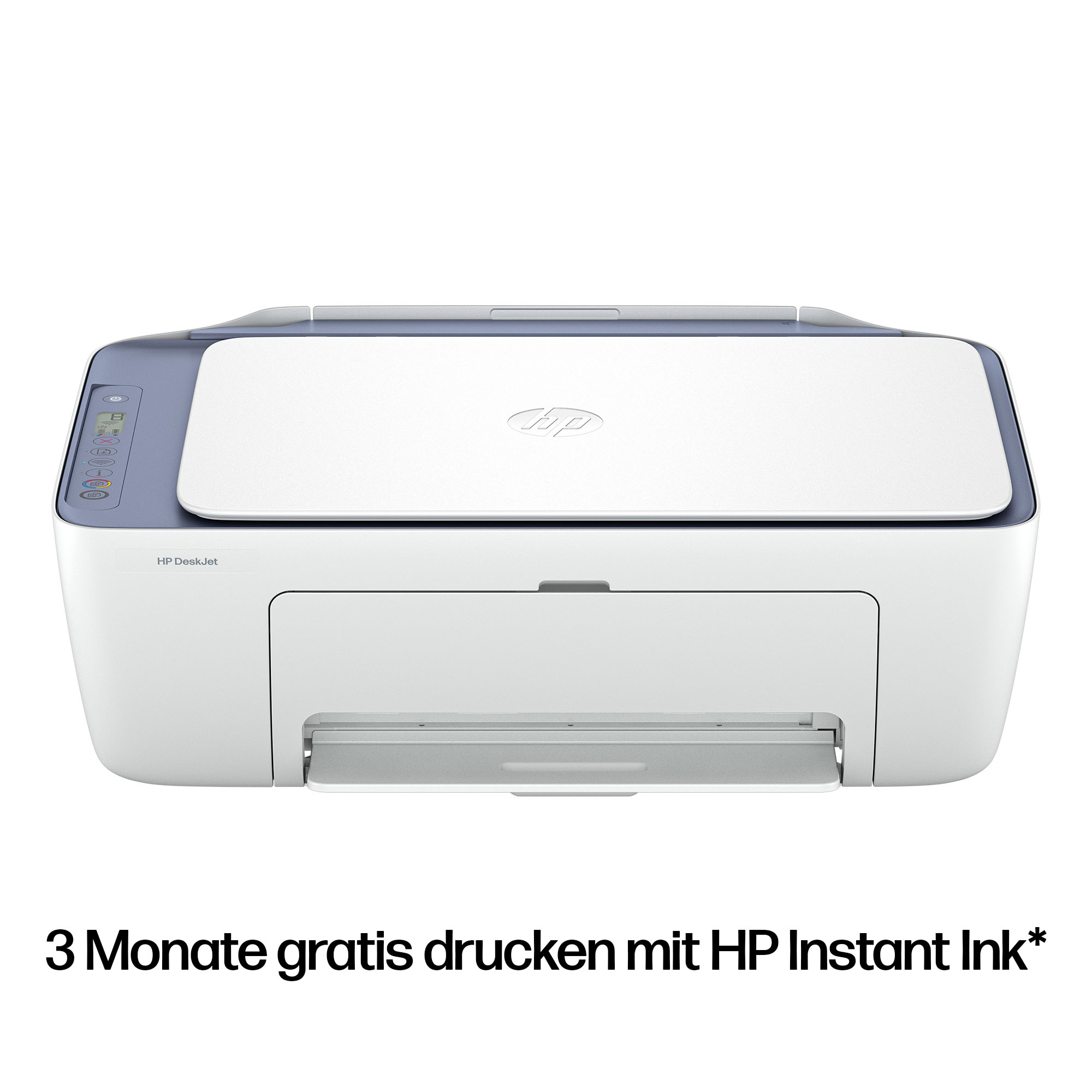 Ein weißer HP DeskJet Drucker mit blauem Akzent auf dem Bedienfeld.
