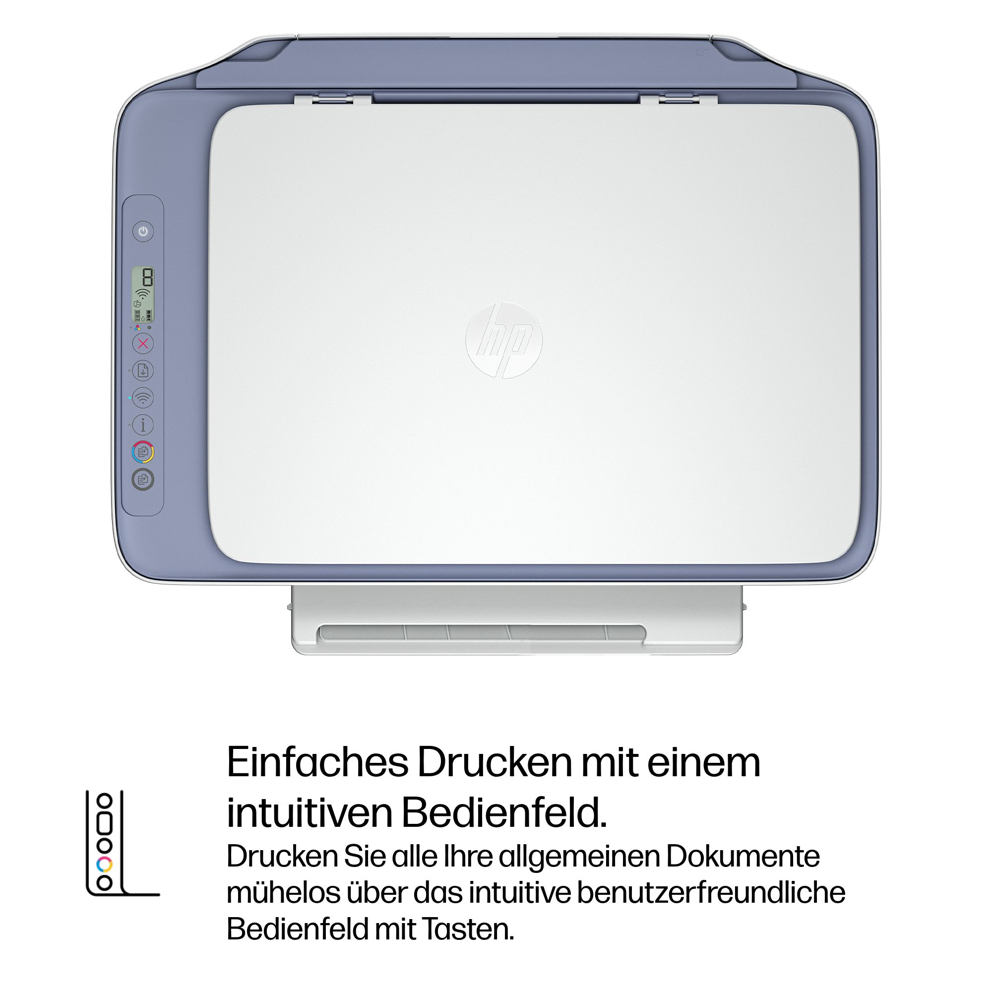 Ein blau-weißer HP Drucker mit Bedienfeld und HP Logo.