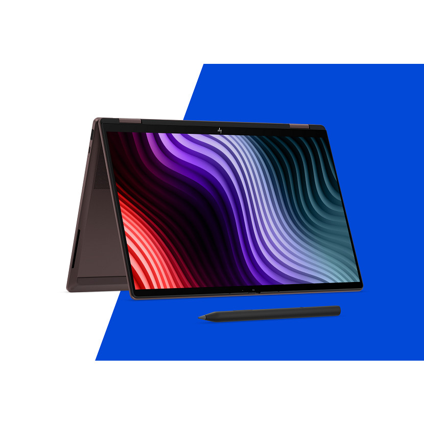 Otwarty brązowy laptop z kolorowym wzorem fal na ekranie i rysikiem.