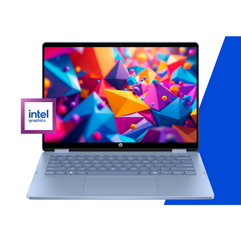 Jasnoniebieski laptop HP z kolorowym pulpitem graficznym 3D i logo Intel Graphics.