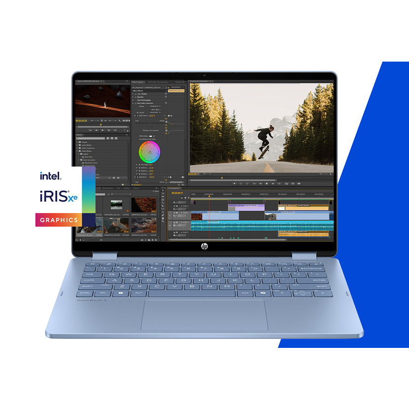Jasnoniebieski laptop HP wyświetlający oprogramowanie do edycji wideo z łyżwiarzem na ekranie.