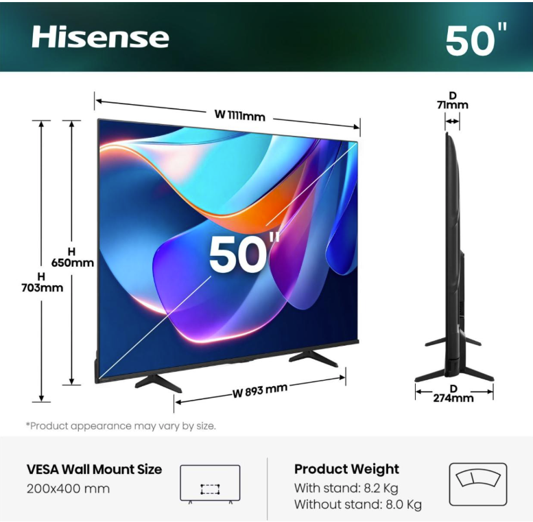Hisense 50-Zoll-Fernseher mit Abmessungen B 1111mm, H 650/703mm, T 71/274mm. VESA 200x400mm. Gewicht 8,2/8,0 Kg.