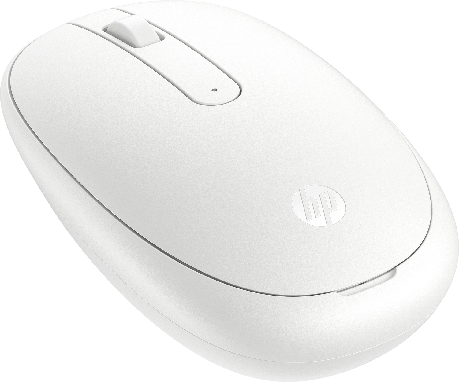 Un ratón blanco de HP con rueda de desplazamiento y logo.