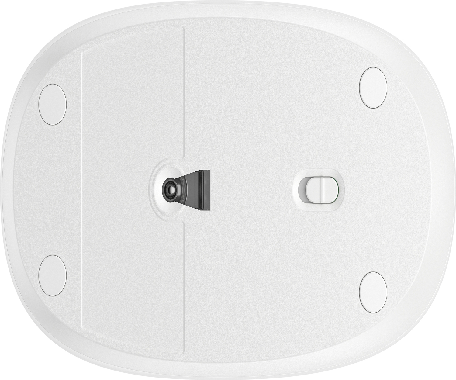 Parte inferior de ratón blanca con sensor óptico, interruptor y almohadillas.