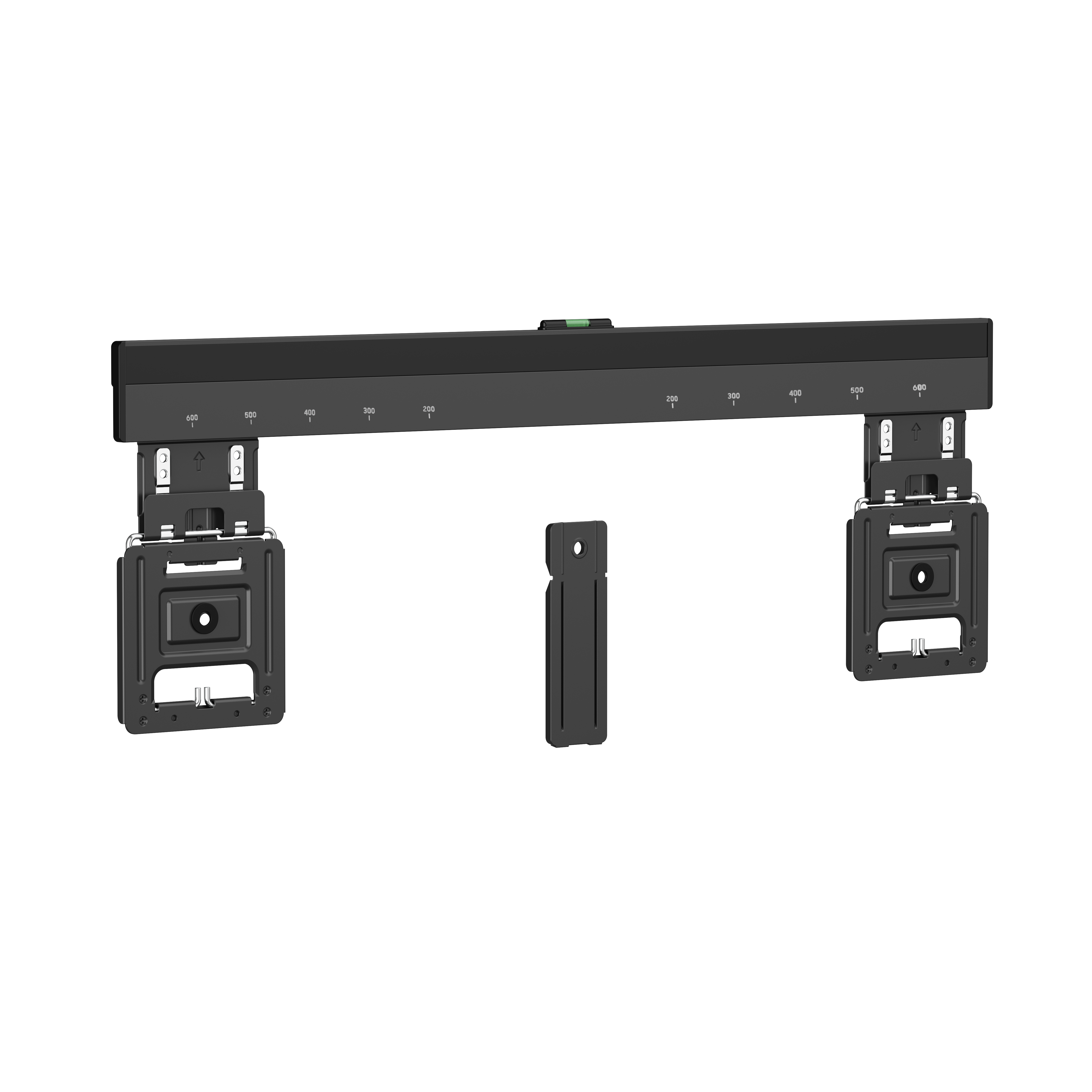 Schwarze Wandhalterung mit Wasserwaage und zwei Halterungen.