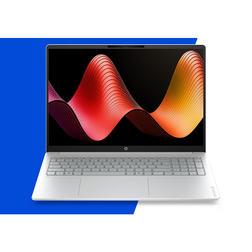 Silberner HP Laptop mit abstraktem, wellenförmigem Hintergrund auf schwarzem Bildschirm.