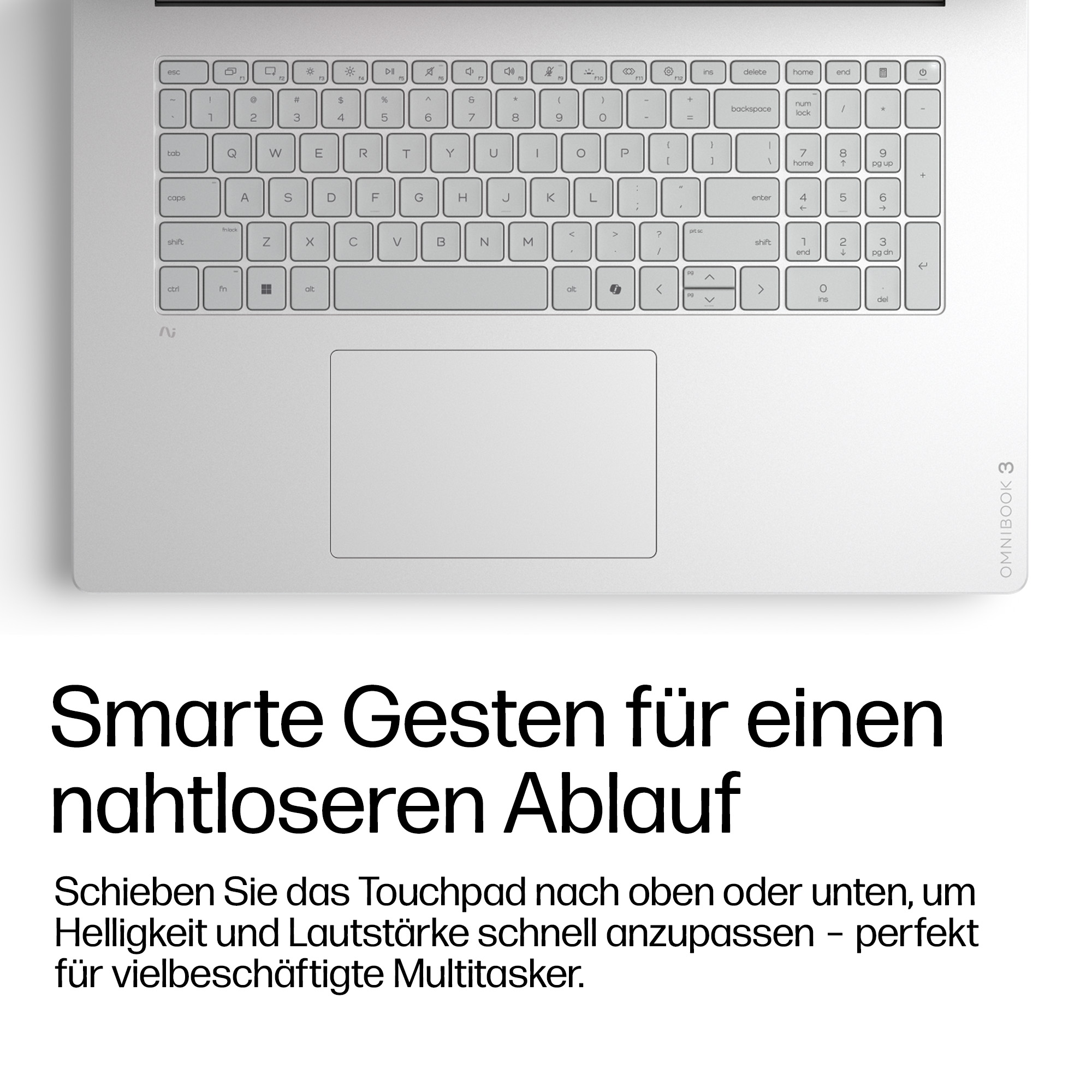Silbernes Laptop-Keyboard und Touchpad mit Text.
