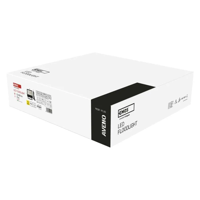 EMOS LED-es reflektor csomagolása technikai részletekkel.