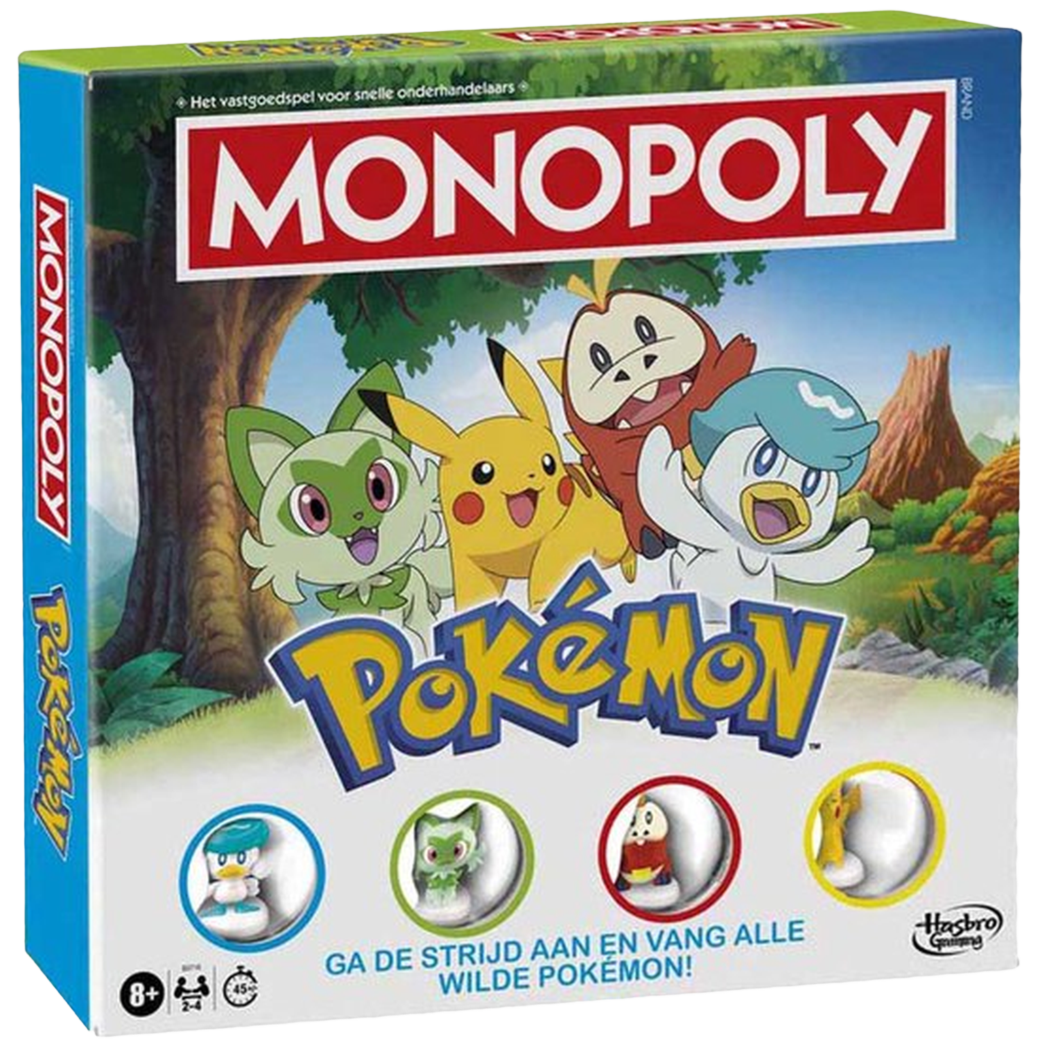 Monopoly Pokemon bordspeldoos met vier Pokemon-figuren en het Monopoly-logo.