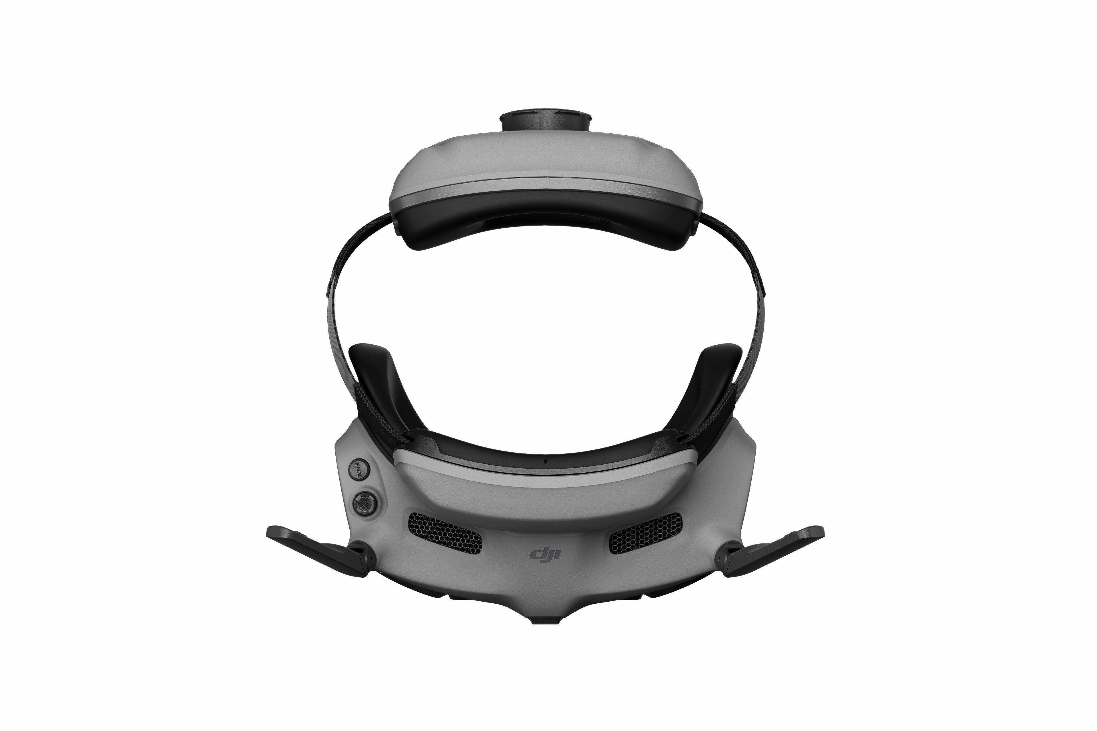 Graue VR-Brille mit schwarzem Kopfband und Lüftungsgittern.