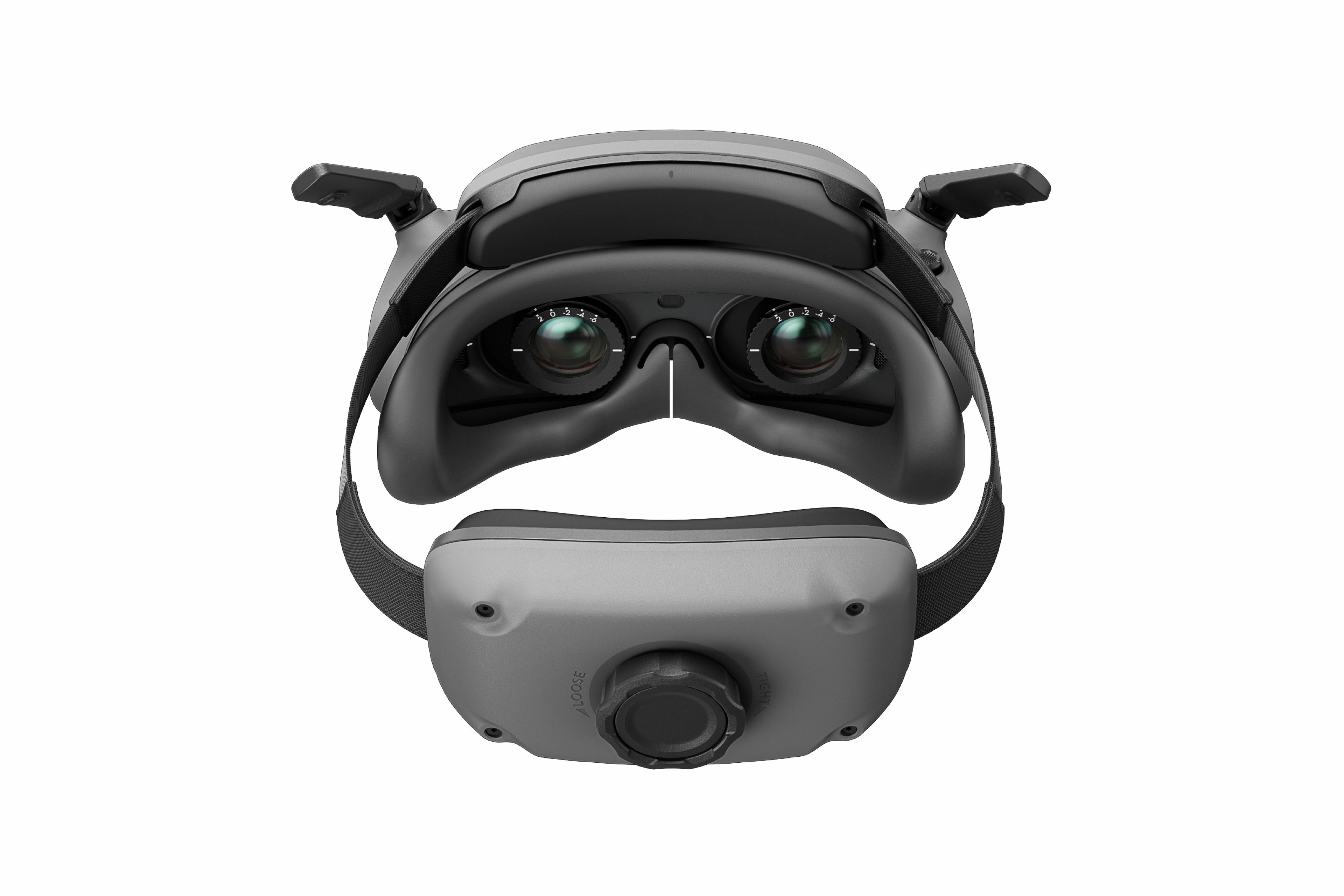 Graue VR-Brille mit schwarzen Trägern und Objektiven.