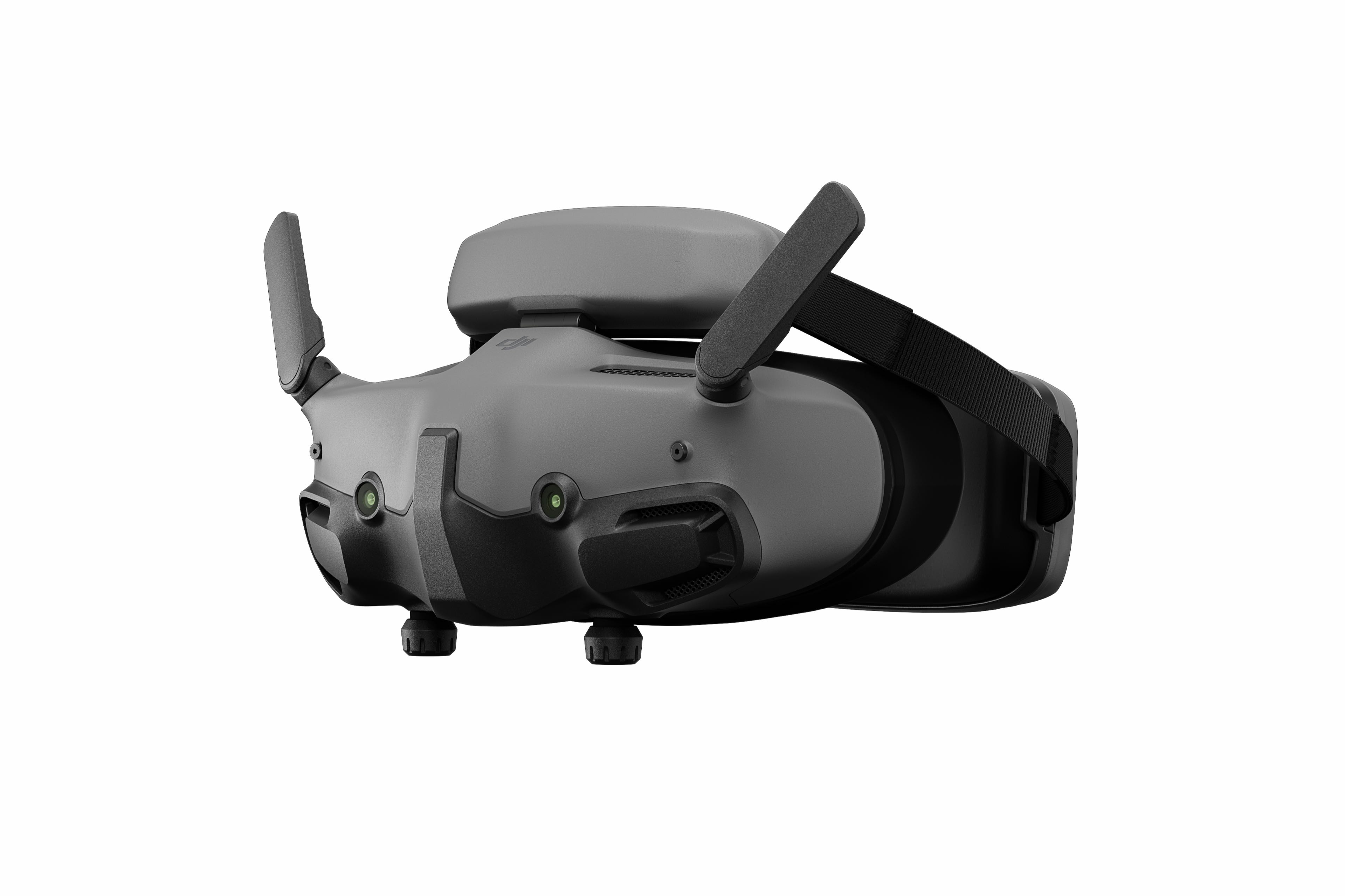 Graue VR-Brille mit Antennen und Kameras auf weißem Hintergrund.