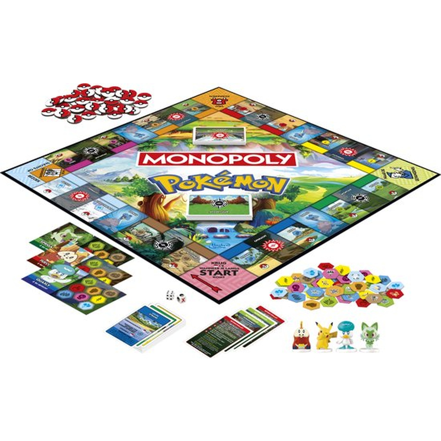 Pokémon Monopoly bordspel met speelfiguren, kaarten en Pokeballs.