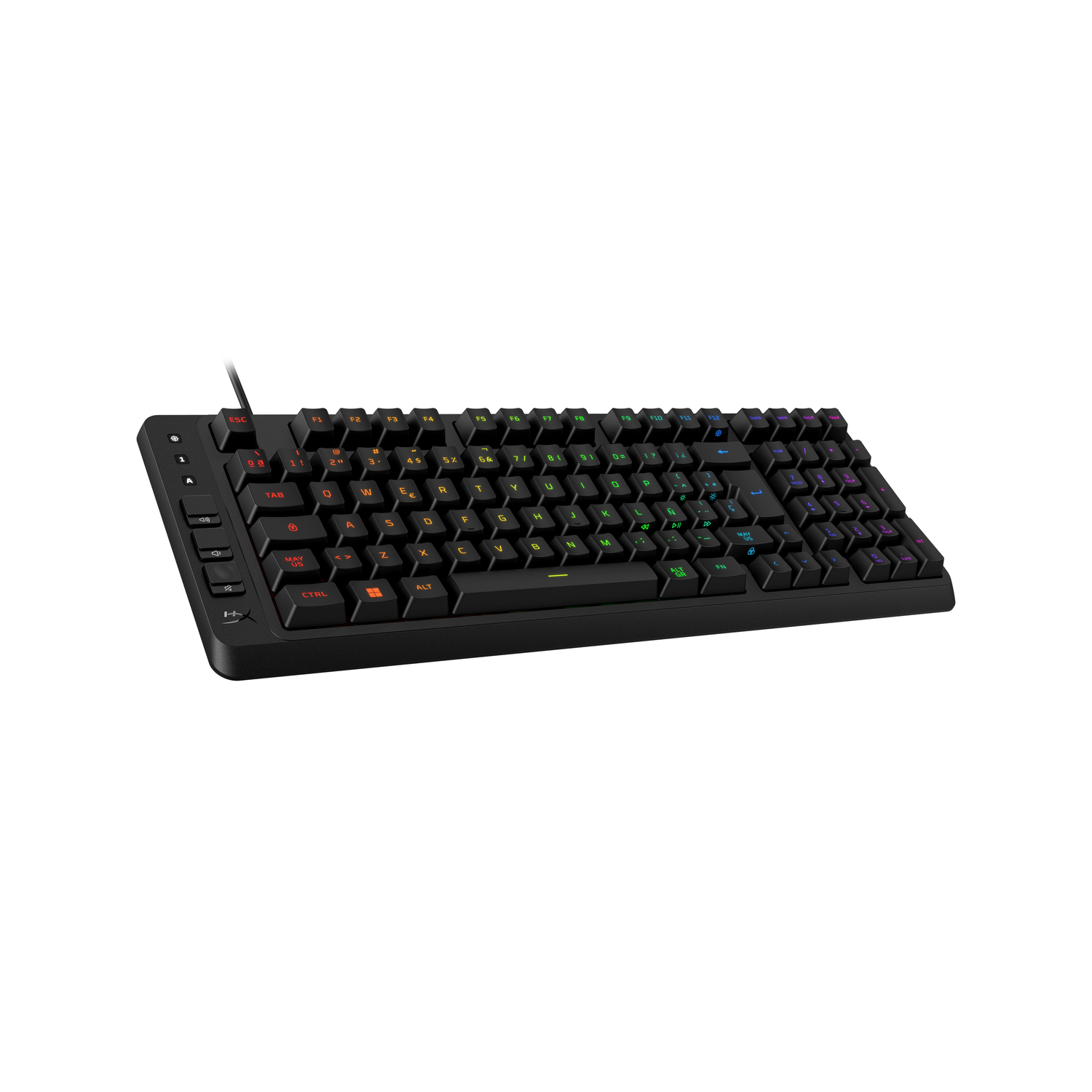 Teclado negro con retroiluminación de colores, visto de frente.
