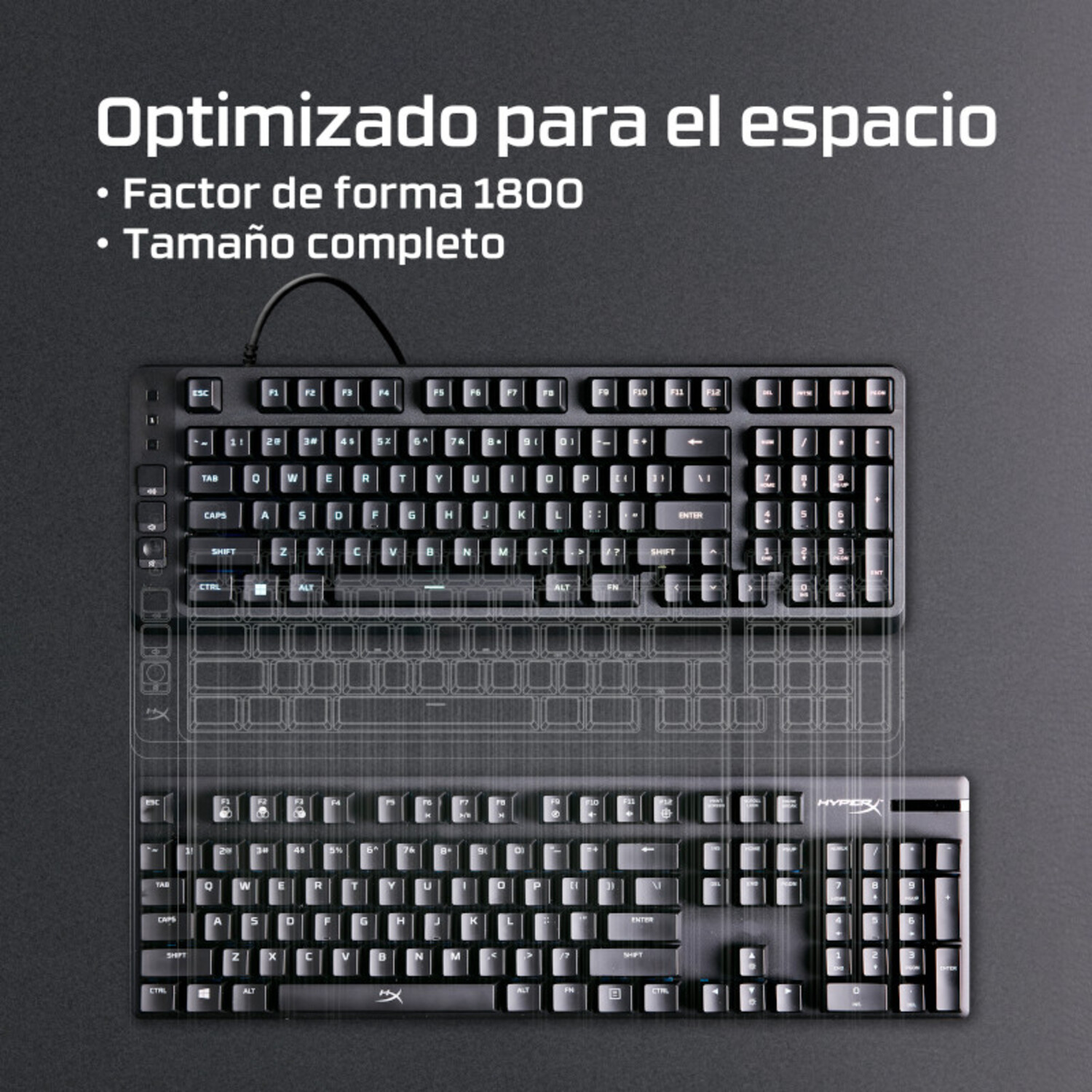 Teclado negro de tamaño completo, formato 1800, con teclado numérico.