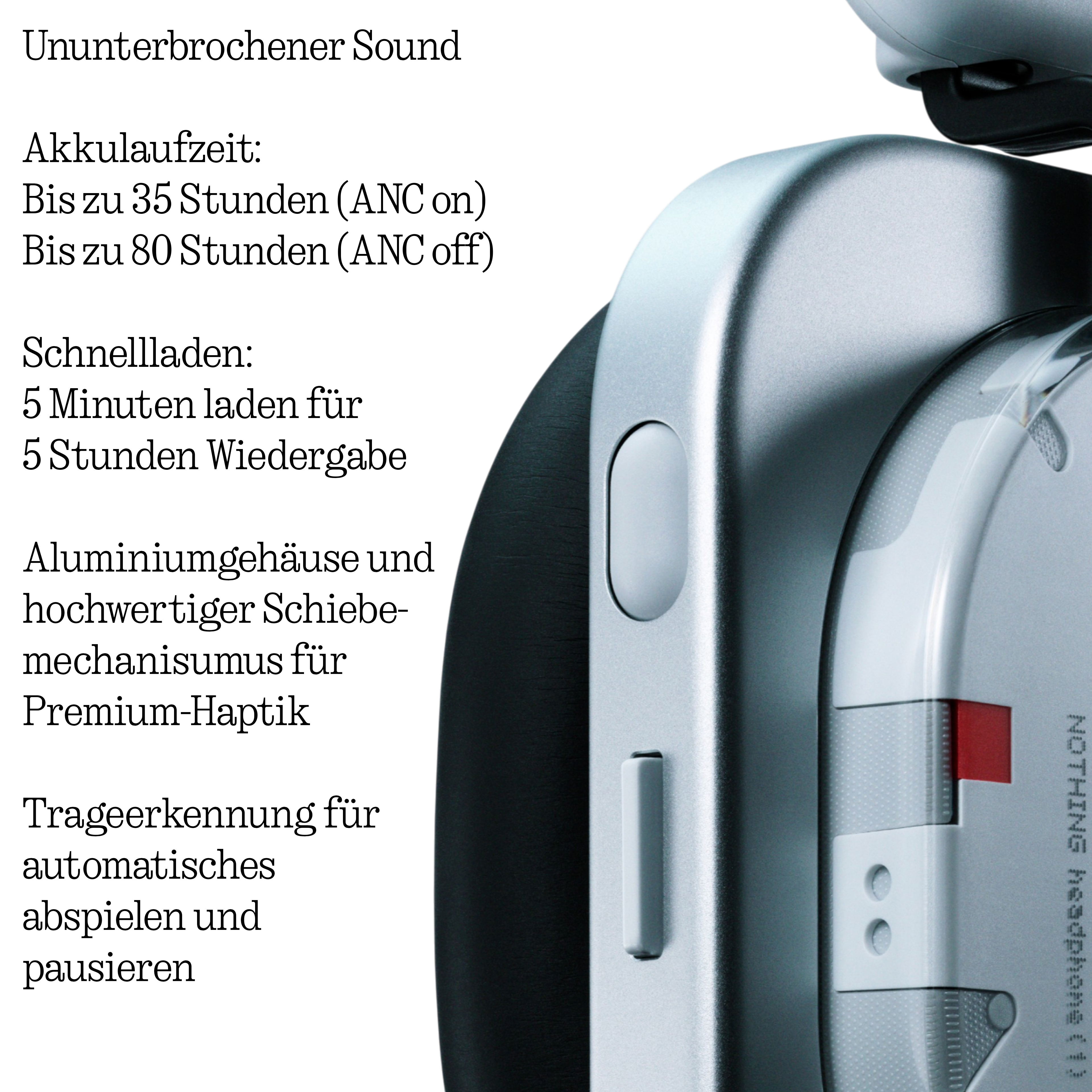 Kopfhörer mit silbernem Gehäuse, Bedienelementen und deutscher Textbeschreibung.