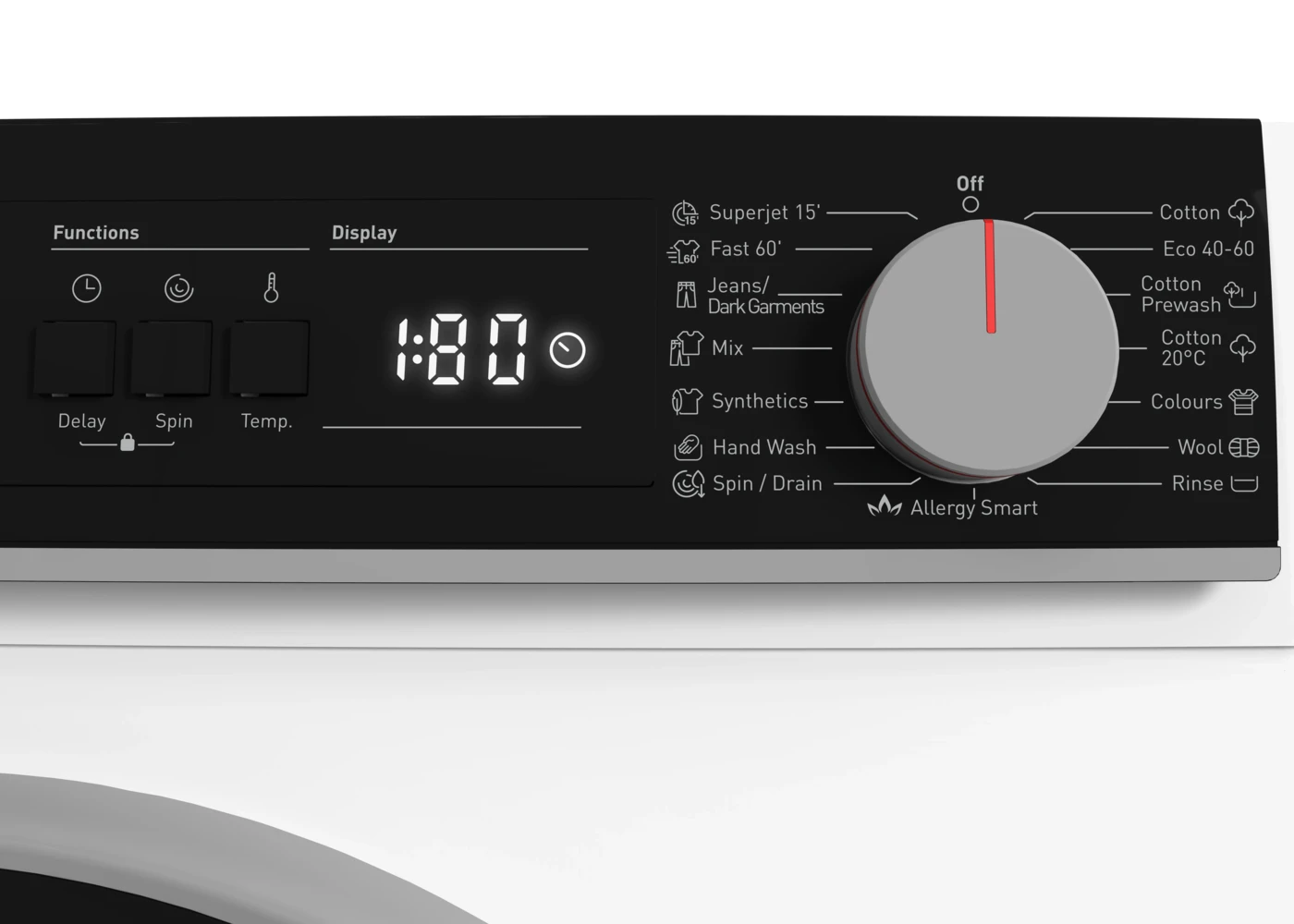 Mosógép kezelőpanel digitális kijelzővel és programválasztó tárcsával.