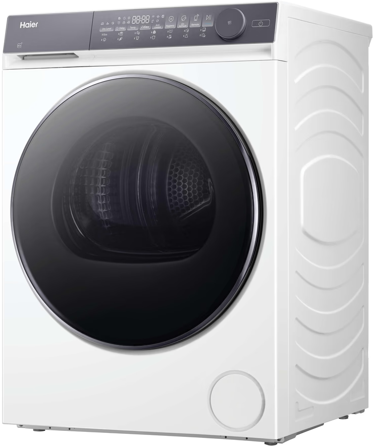 Weiße Haier Waschmaschine mit schwarzer Tür und Bedienfeld oben.