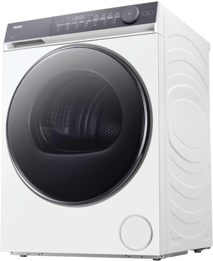 Eine weiße Haier Waschmaschine mit schwarzer Tür und digitalem Display.