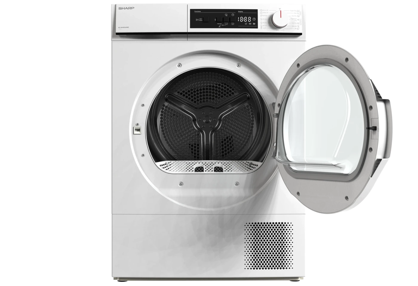 Fehér Sharp mosógép nyitott ajtóval, fekete dobbal.