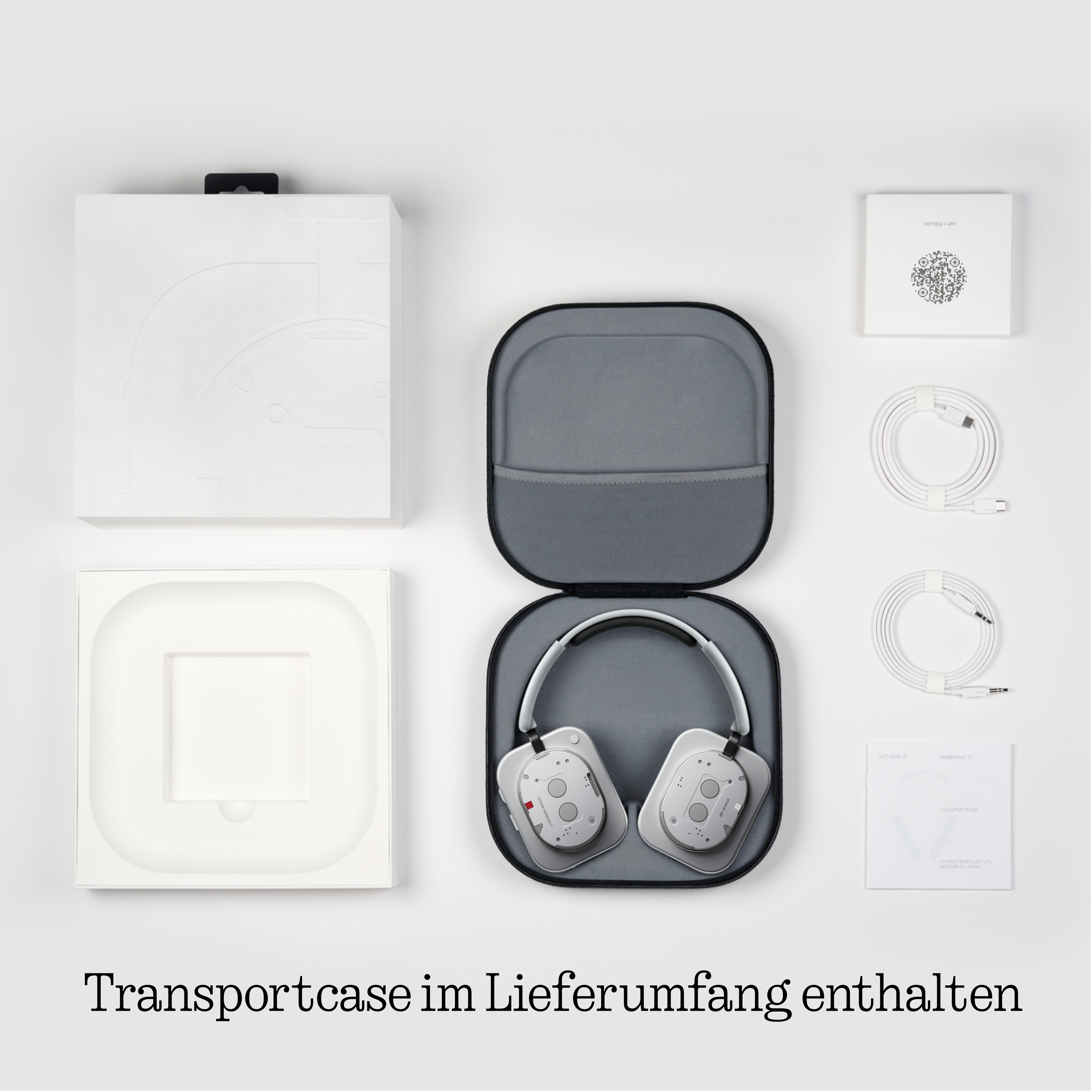 Weiße Kopfhörer in grauer Transporttasche mit Kabeln und Anleitung.