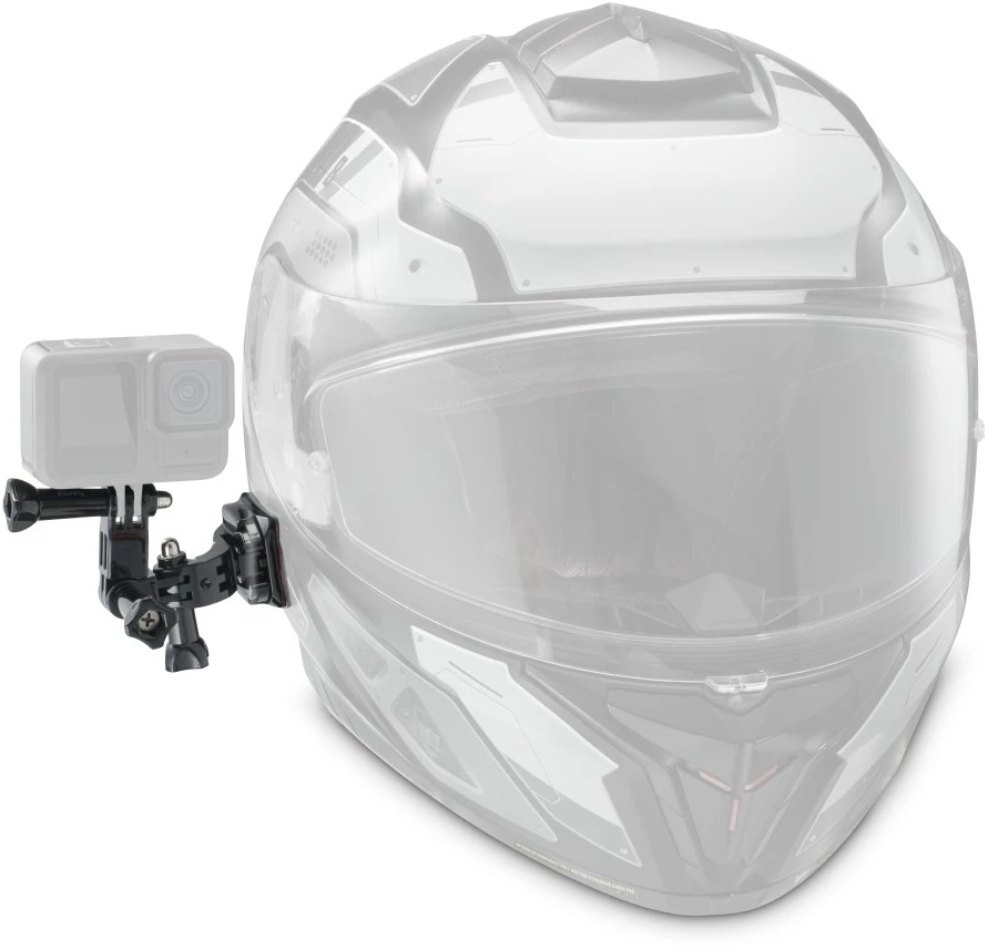 Eine GoPro-Kamera, die an der Seite eines Motorradhelms montiert ist.