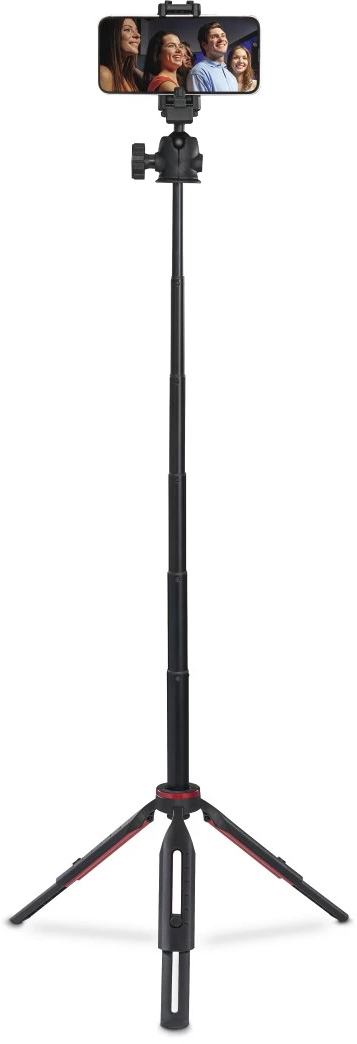 Un perche à selfie extensible avec pieds trépied et support smartphone.