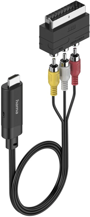 Un câble adaptateur HDMI vers SCART noir avec connecteurs RCA.
