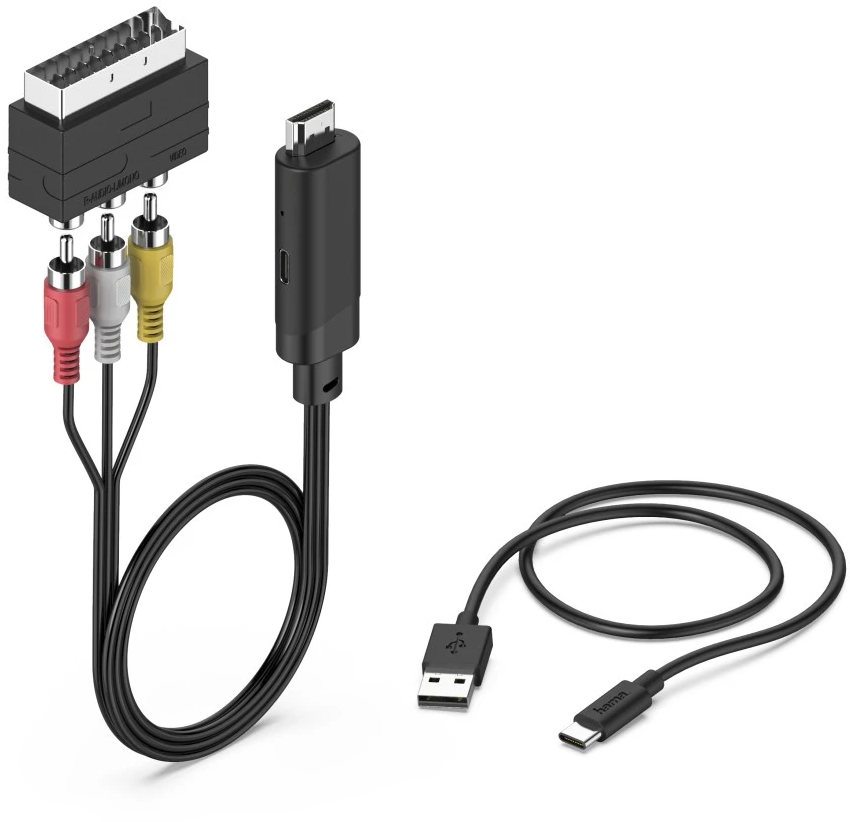 Un câble noir avec connecteurs Scart et RCA, et un câble USB-C vers USB-A.