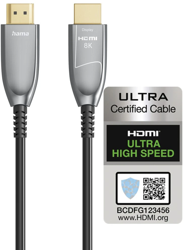 Deux câbles HDMI argentés avec connecteurs dorés et une étiquette 'ULTRA Certified Cable'.