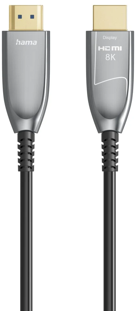 Deux câbles HDMI avec connecteurs argentés et câbles noirs.