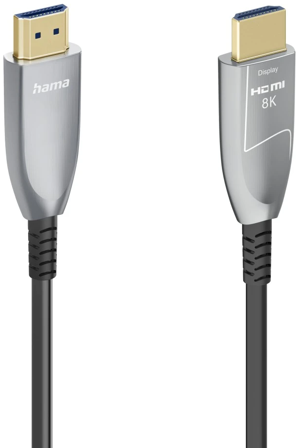 Deux câbles HDMI argentés avec connecteurs dorés et câbles noirs.