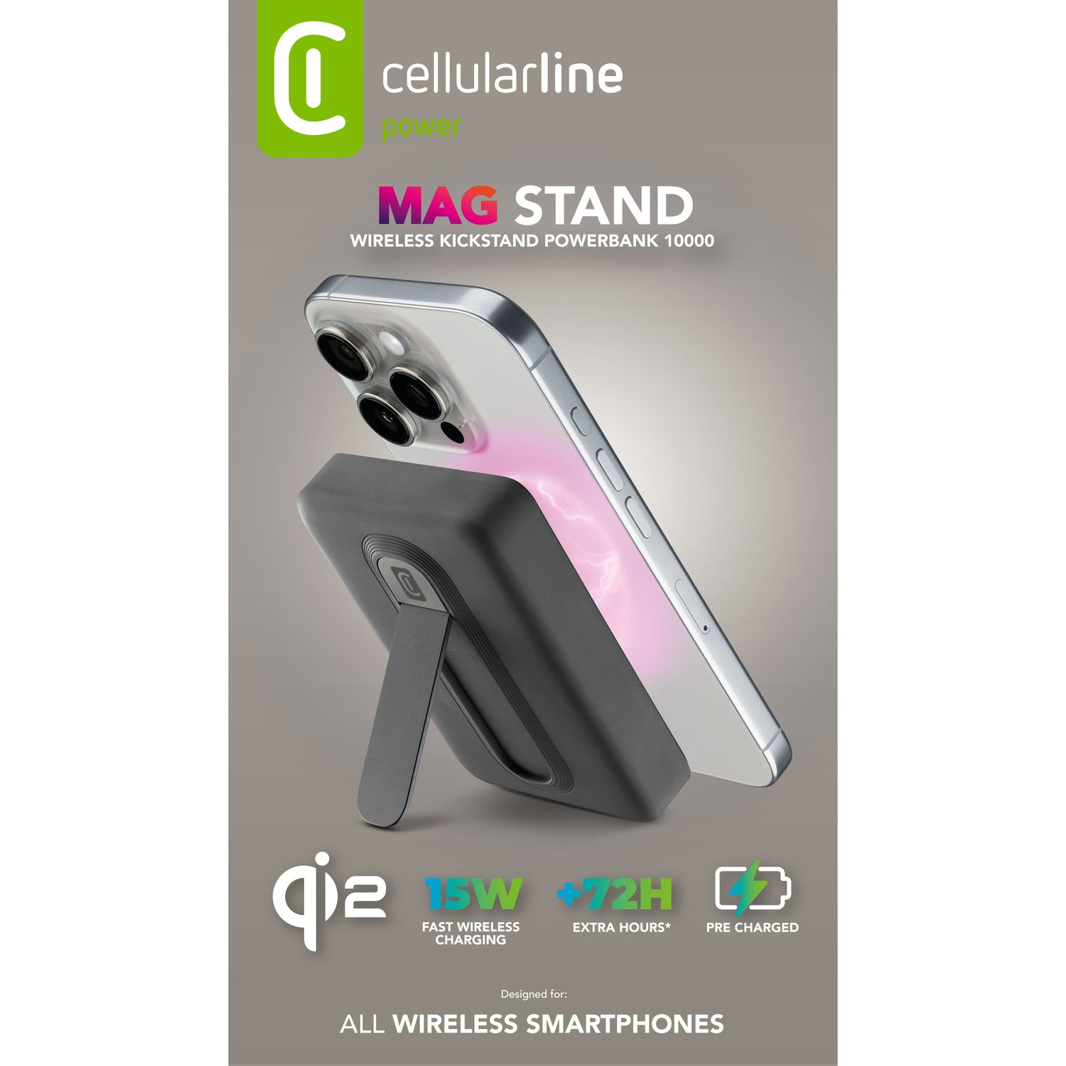 Un smartphone se carga inalámbricamente en un soporte de power bank Qi2 negro.