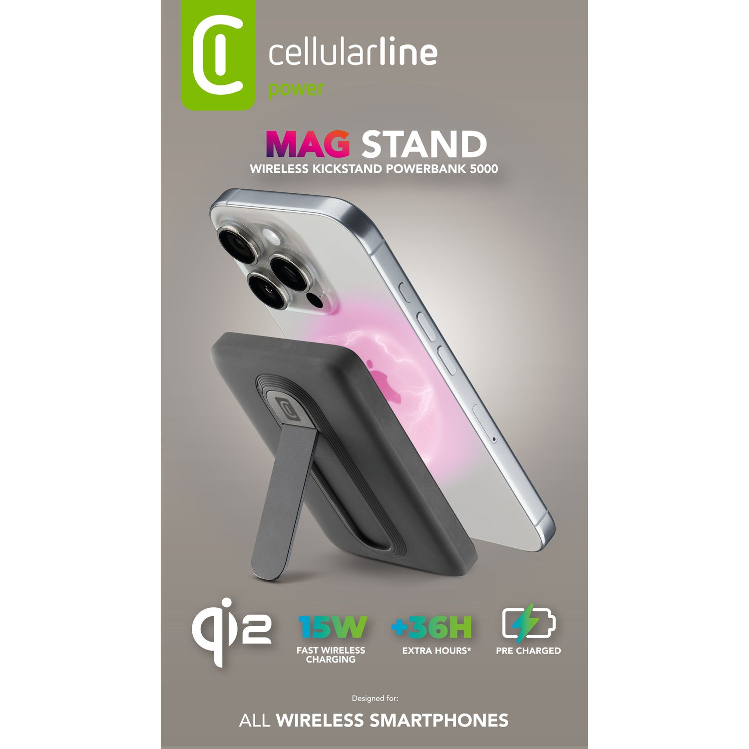Embalaje CellularLine Mag Stand wireless 5000, carga Qi2 de 15 W, +36h, pre cargado, para todos los smartphones wireless.