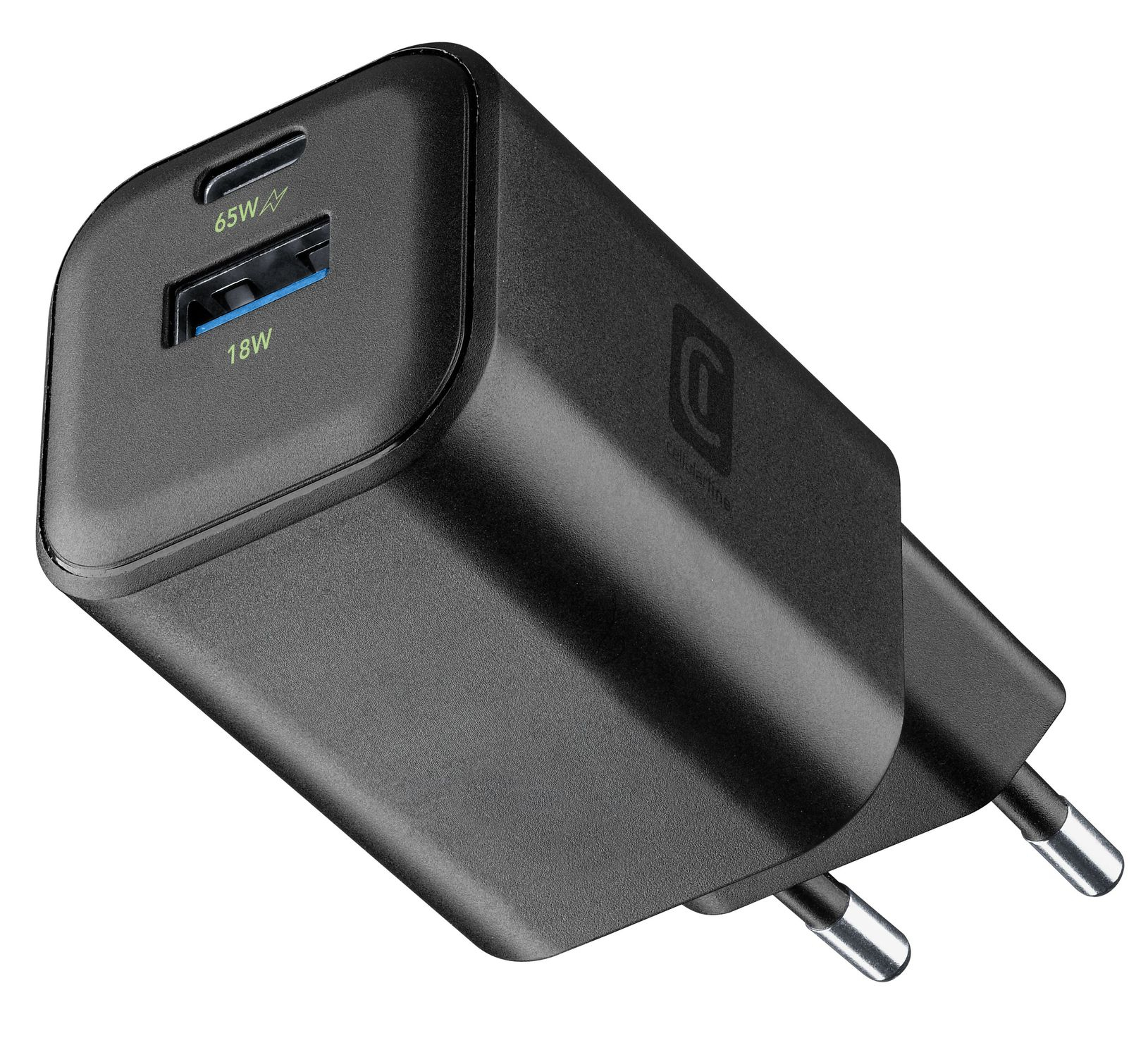 Adaptador de corriente negro con dos puertos USB, 65W y 18W.