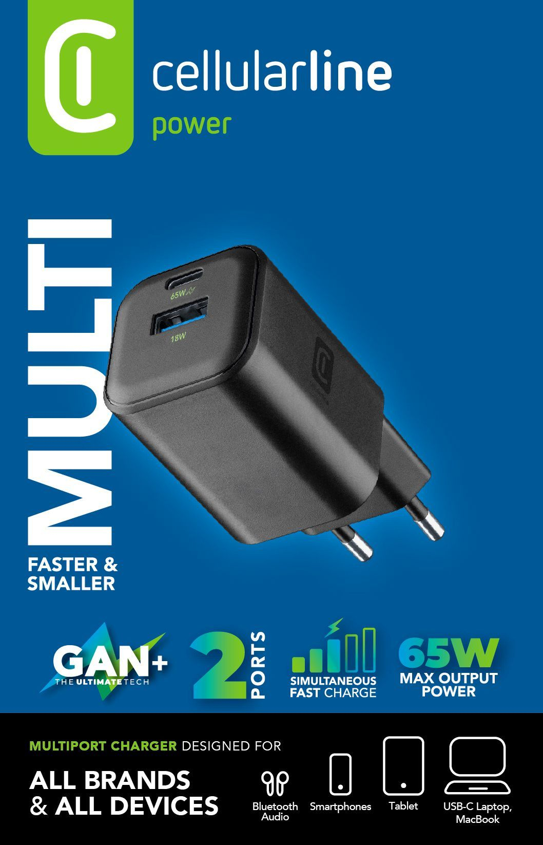 Packaging cargador CellularLine MULTI GaN+ 65W, 2 ports, simultaneous fast charge, diseñado para all brands & all devices.