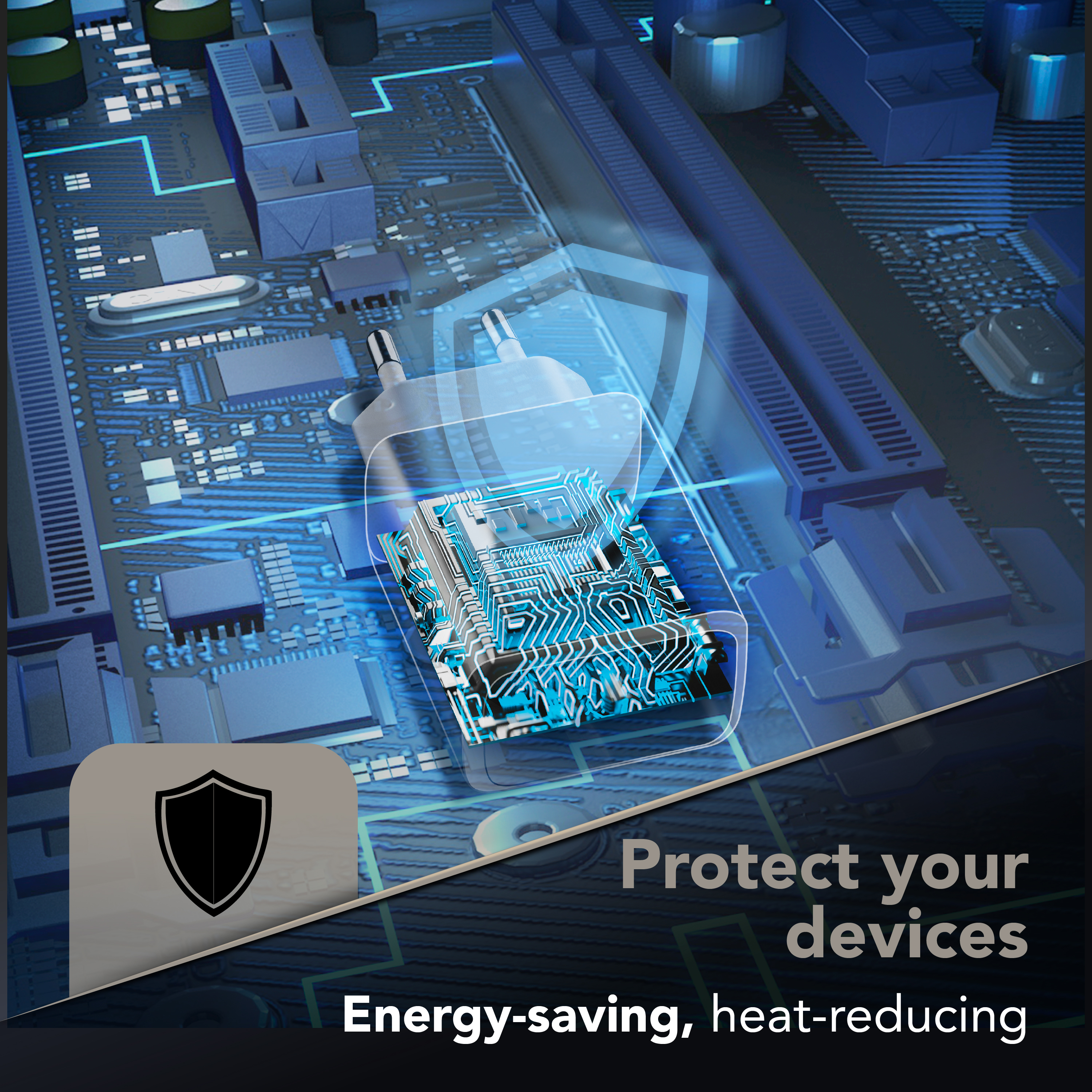 Interior del cargador sobre circuito con escudo protector, texto “Protect your devices – Energy‑saving, heat‑reducing”.