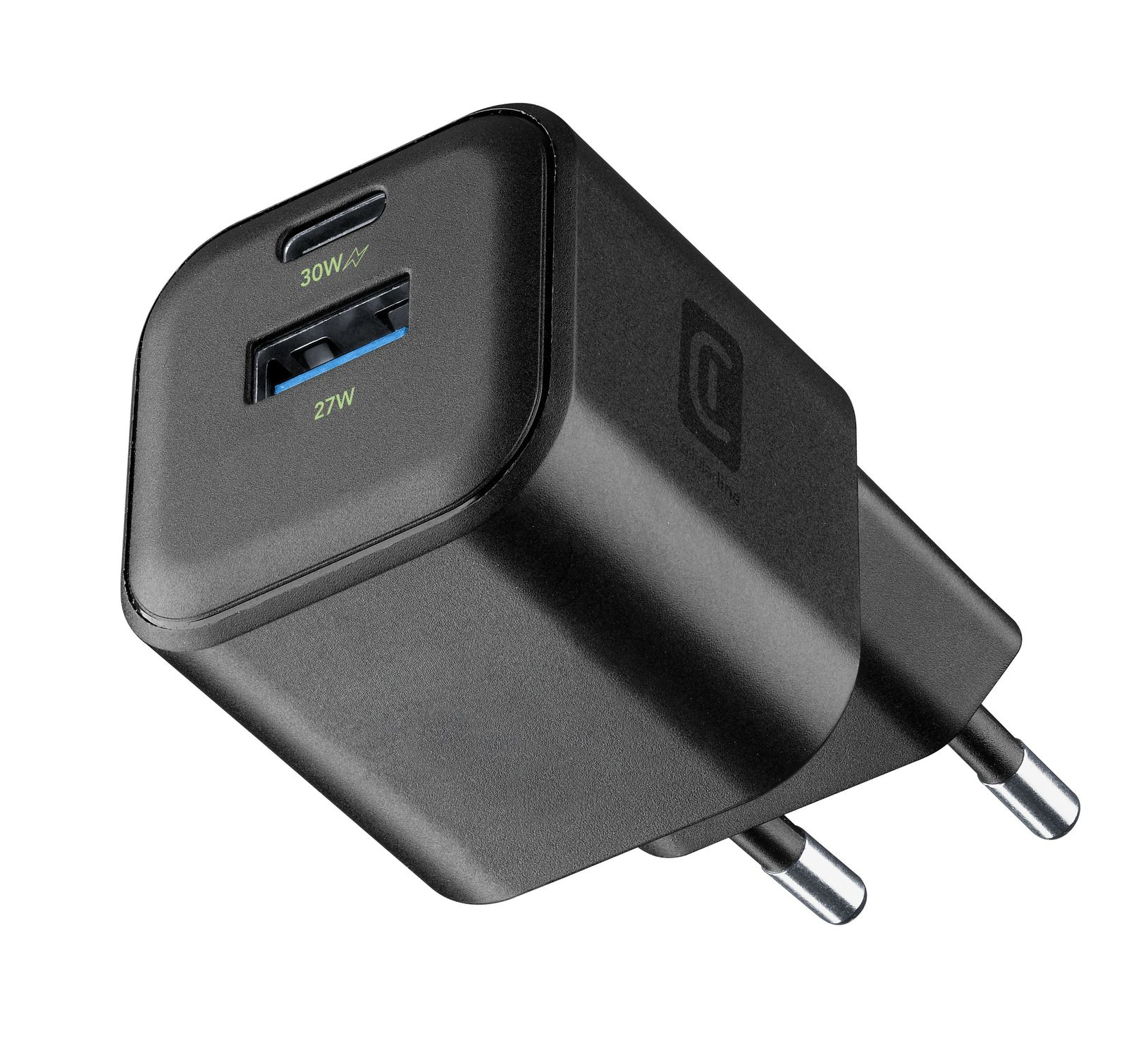 Cargador negro con dos puertos USB, marcados 30W y 27W.
