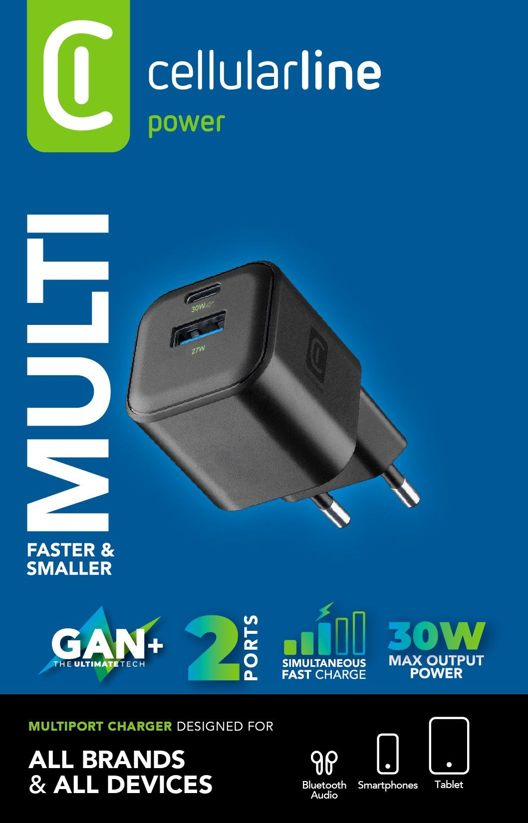 Packaging cargador CellularLine MULTI GaN+ 30W, 2 ports, simultaneous fast charge, diseñado para all brands & all devices.