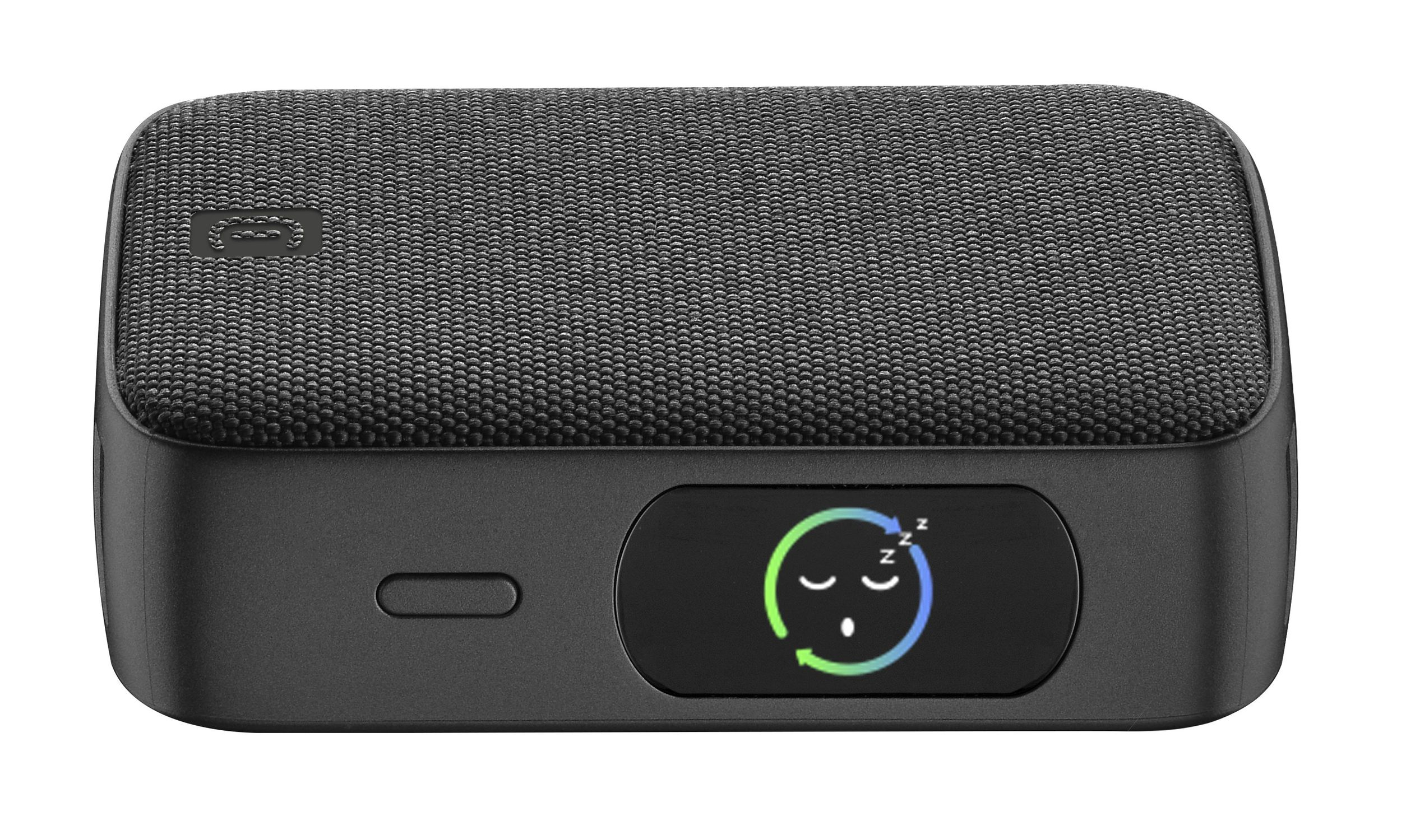 Altavoz negro con cubierta de tela y pantalla que muestra un icono de cara durmiendo.