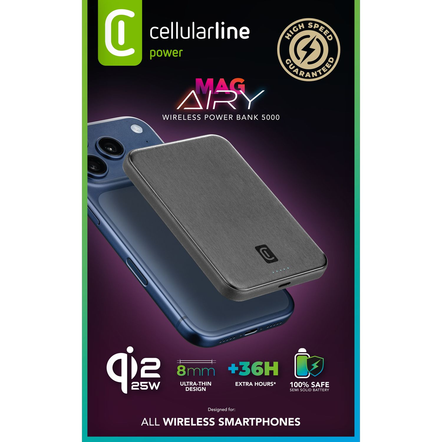 Un gris Cellularline MagAirY Power Bank 5000 descansa sobre un teléfono inteligente azul.